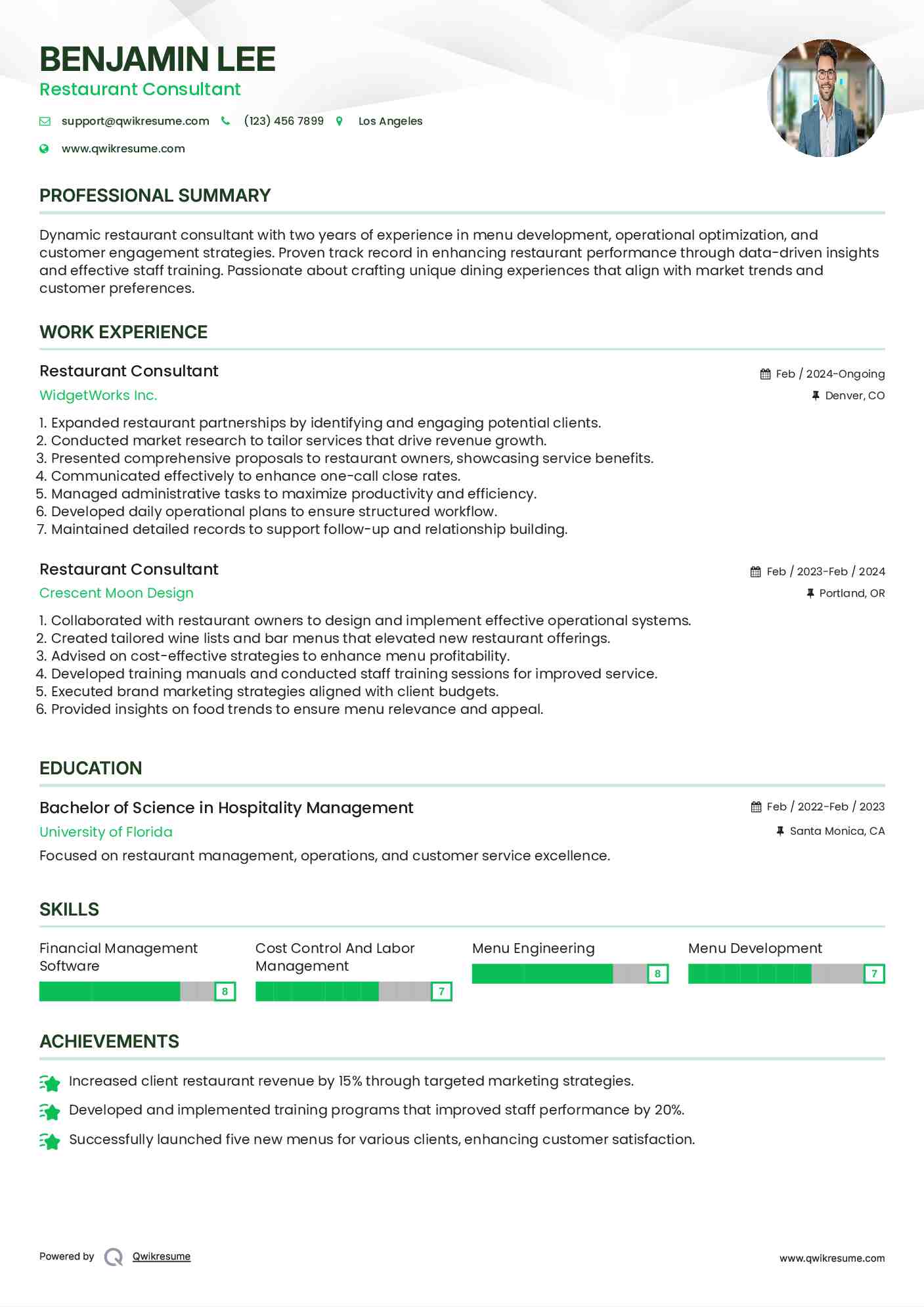 Restaurant Consultant Resume Example