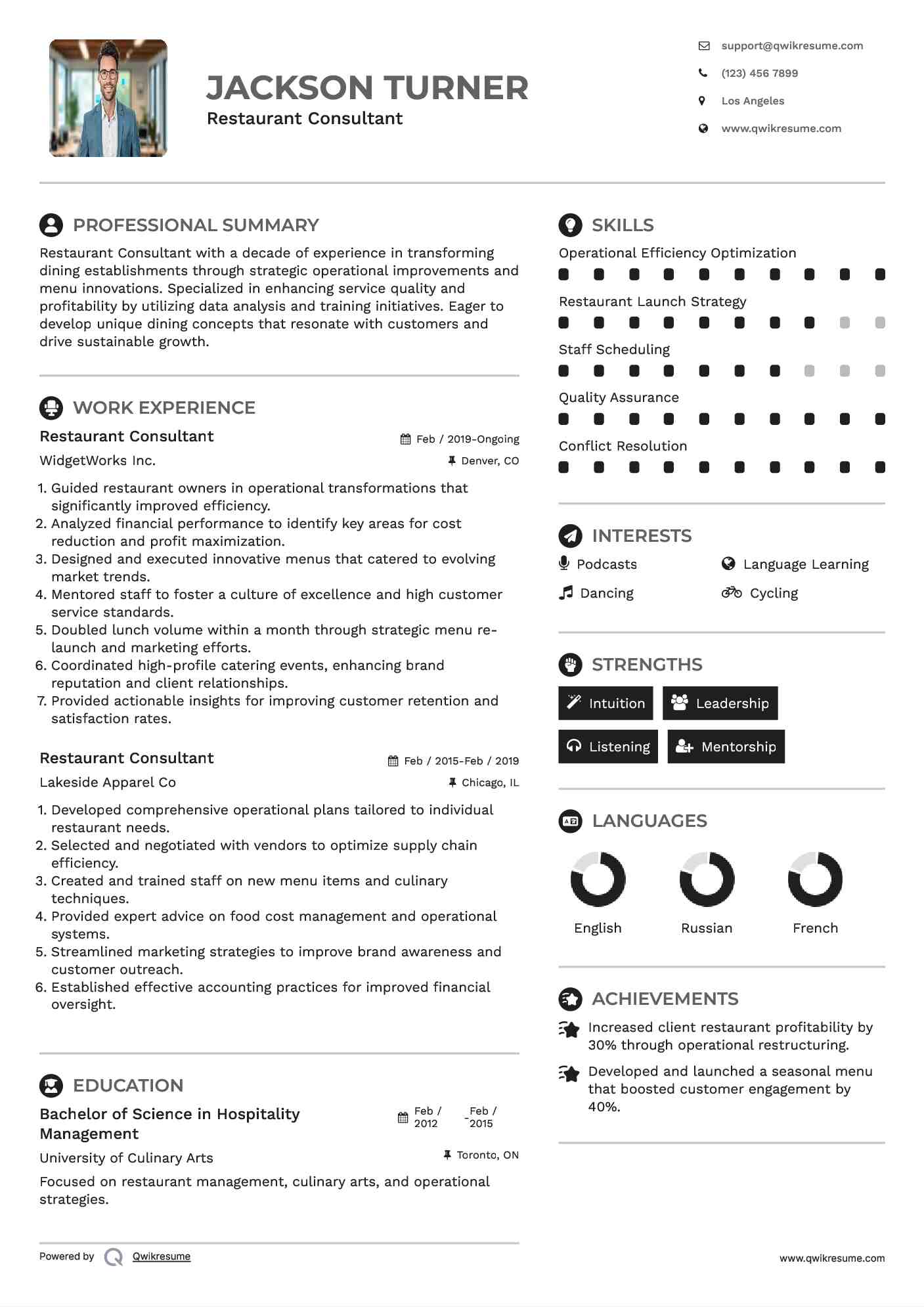 Restaurant Consultant Resume Example