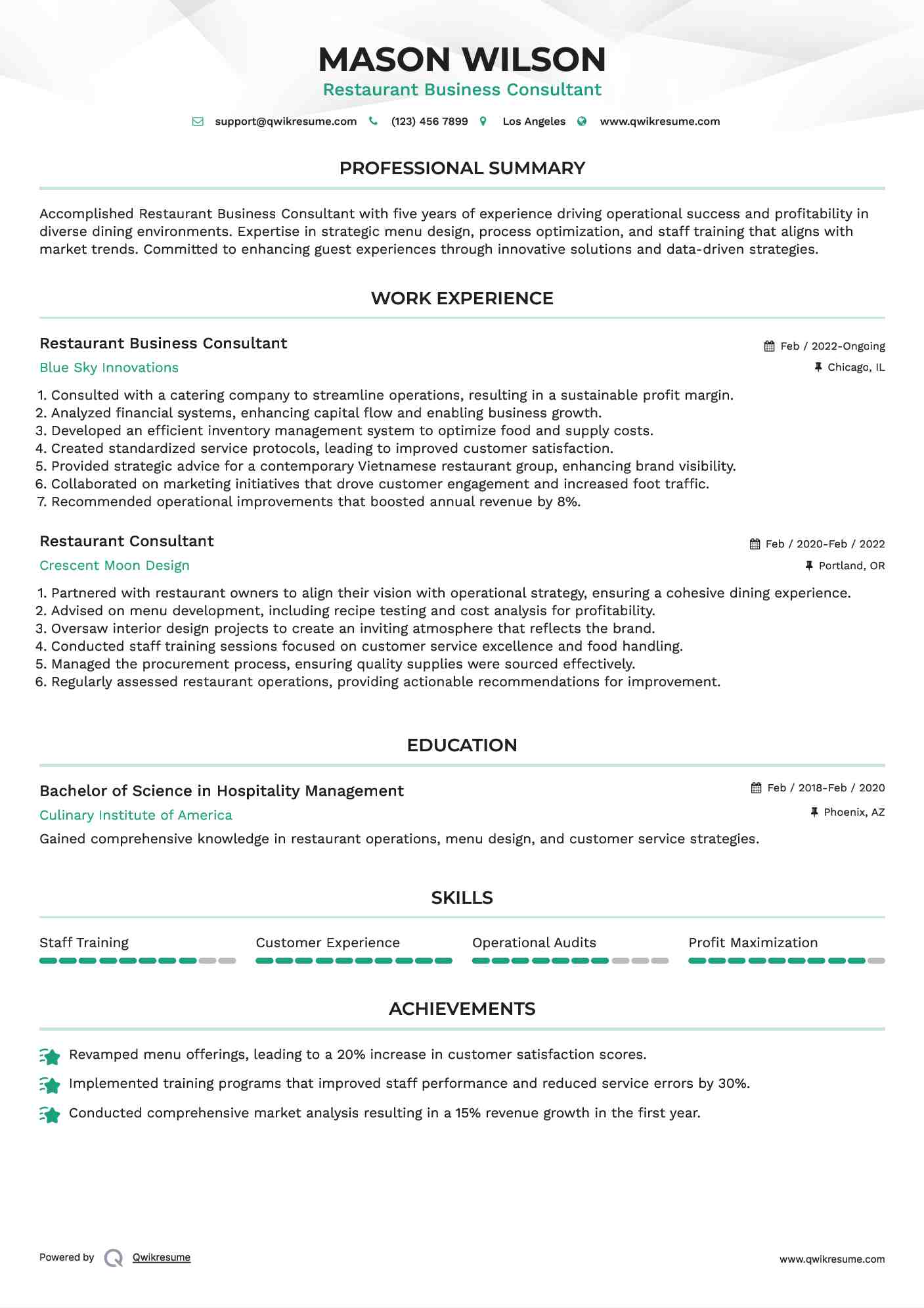 Restaurant Business Consultant Resume Template