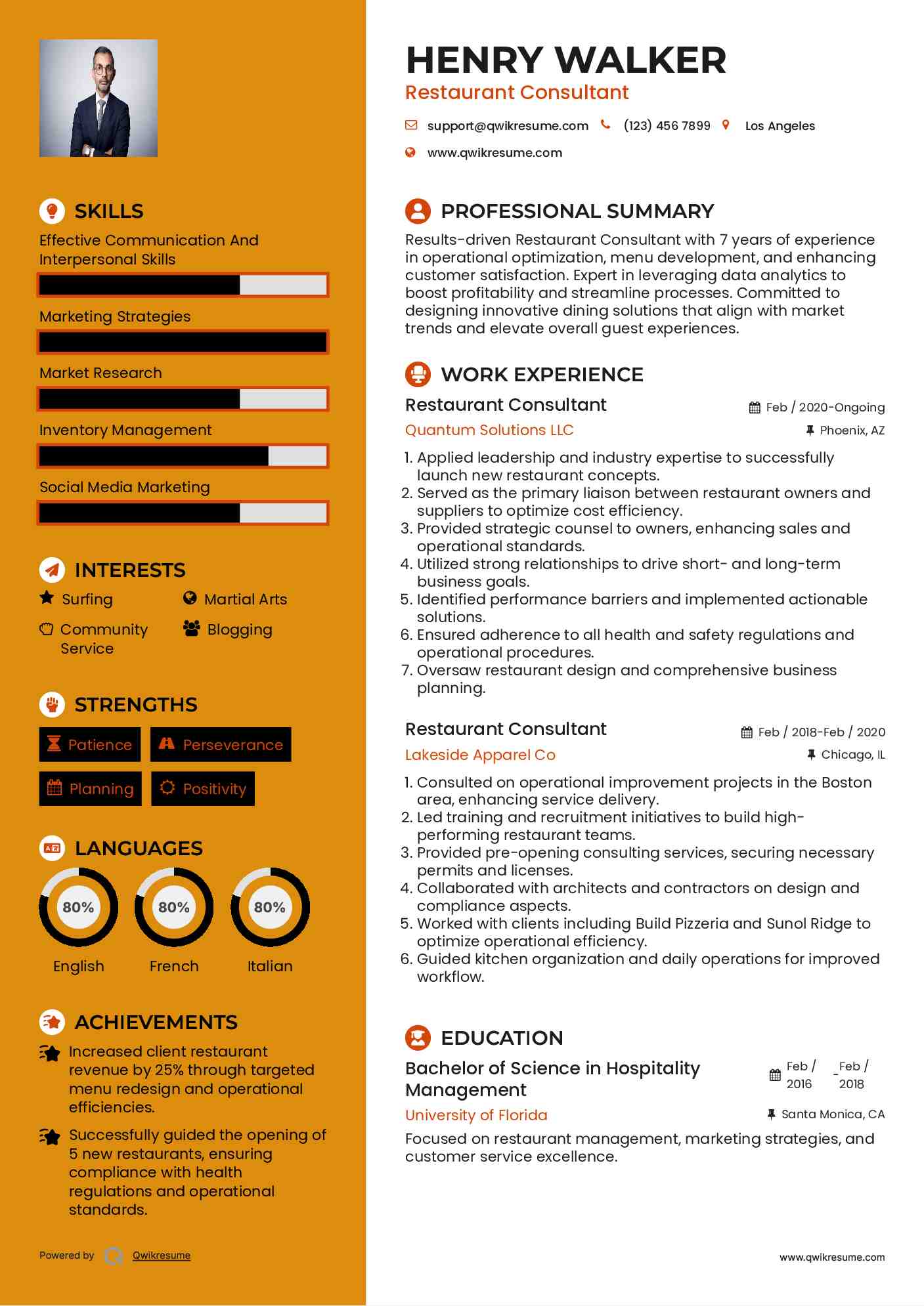 Restaurant Consultant Resume Sample