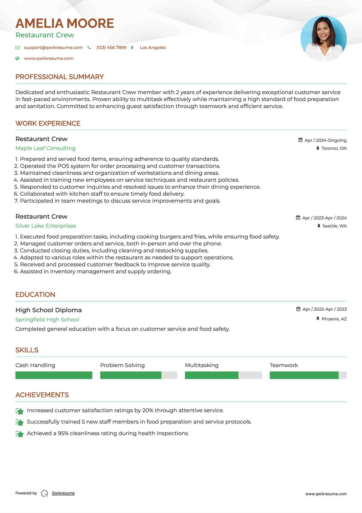 Restaurant Crew Resume Sample