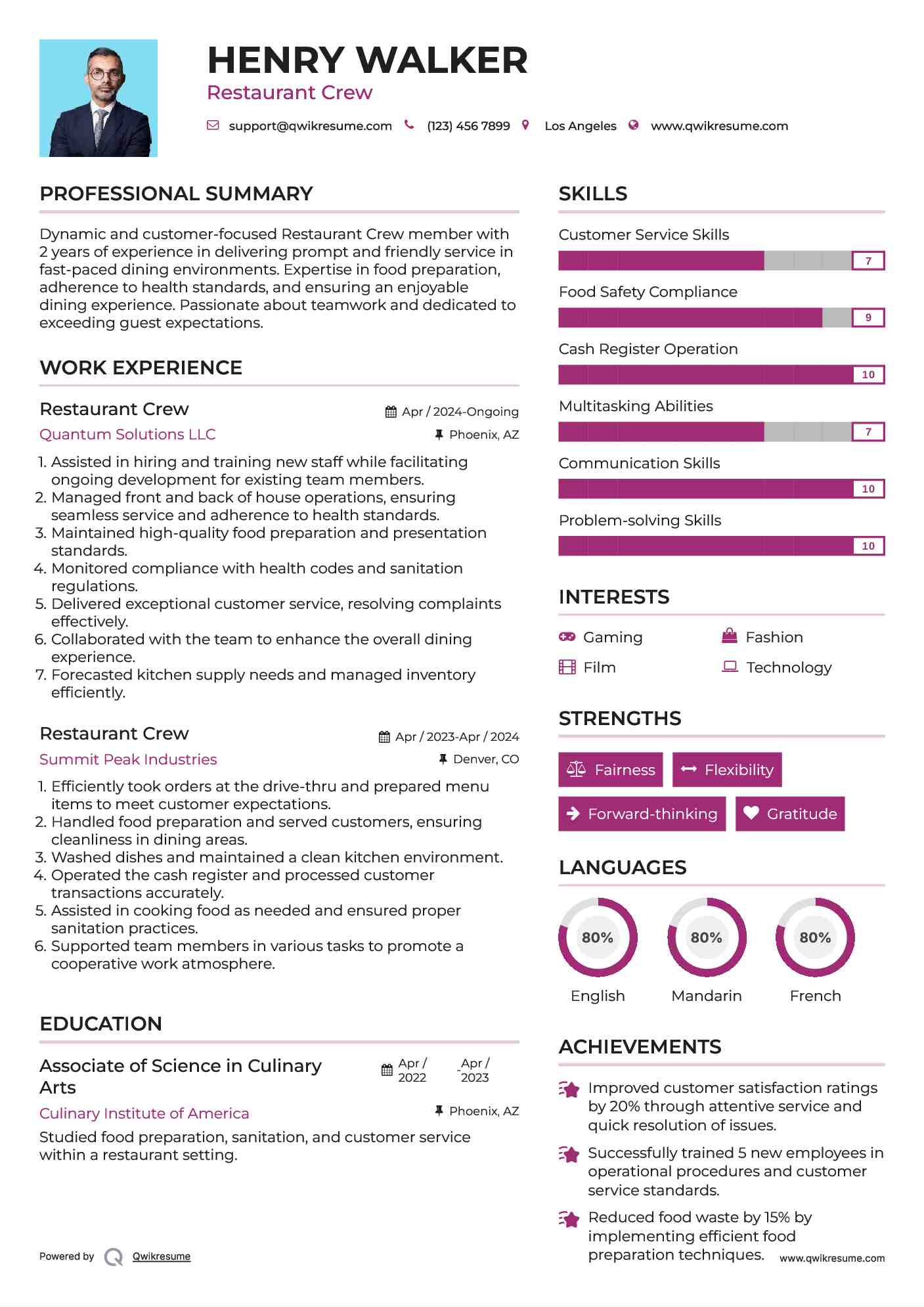 Restaurant Crew Resume Format