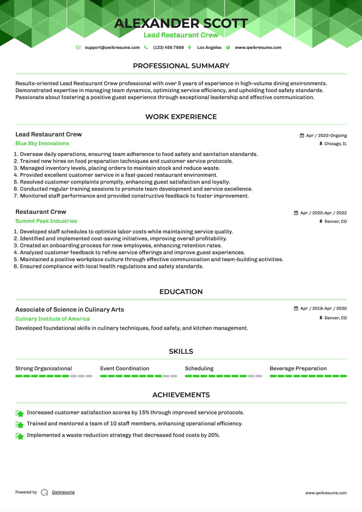 Lead Restaurant Crew Resume Sample