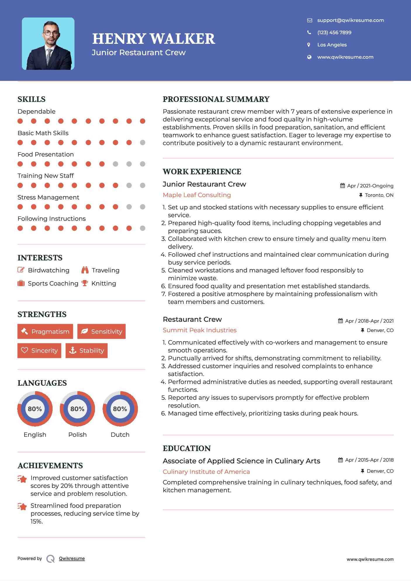 Junior Restaurant Crew Resume Template