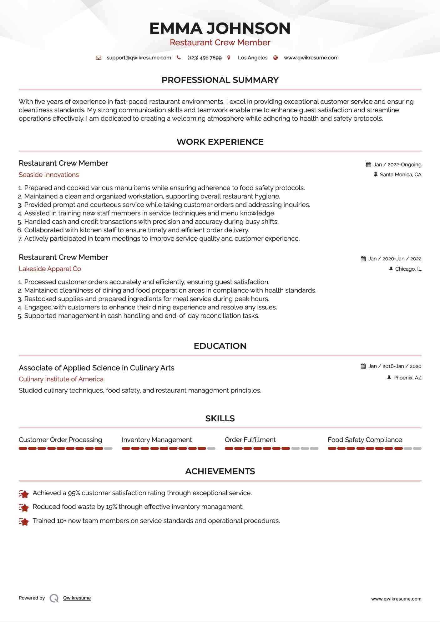 Restaurant Crew Member Resume Template