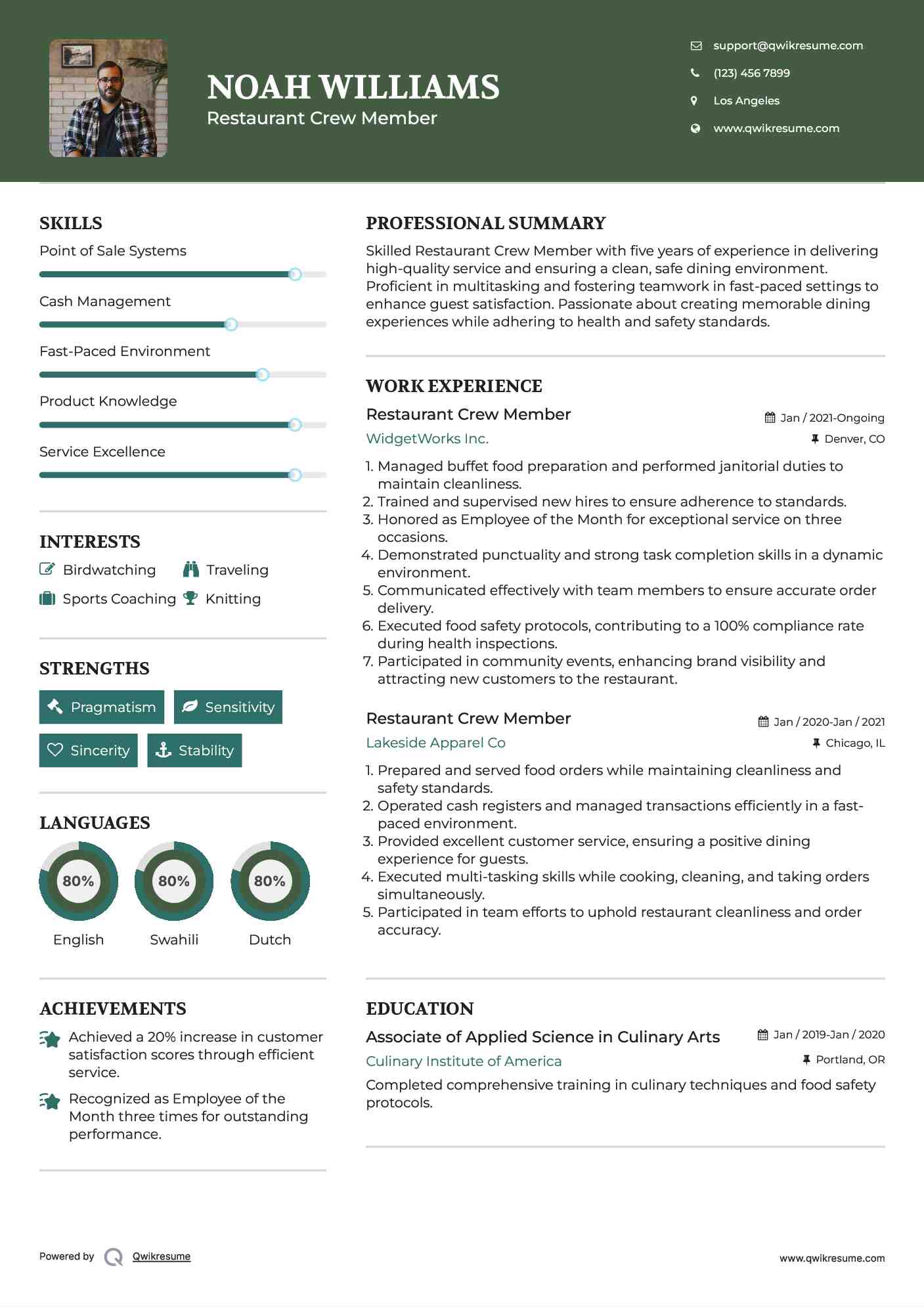 Restaurant Crew Member Resume Example