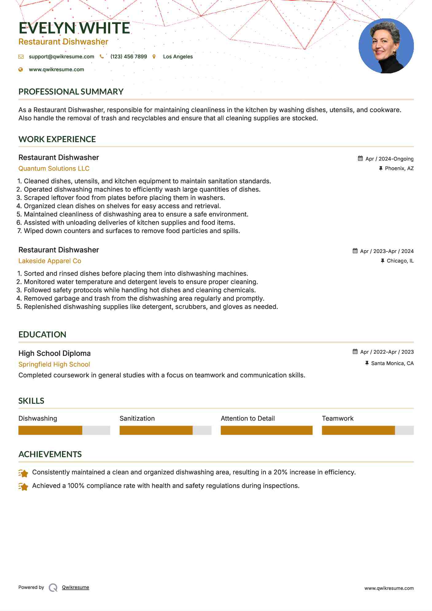 Restaurant Dishwasher Resume Model