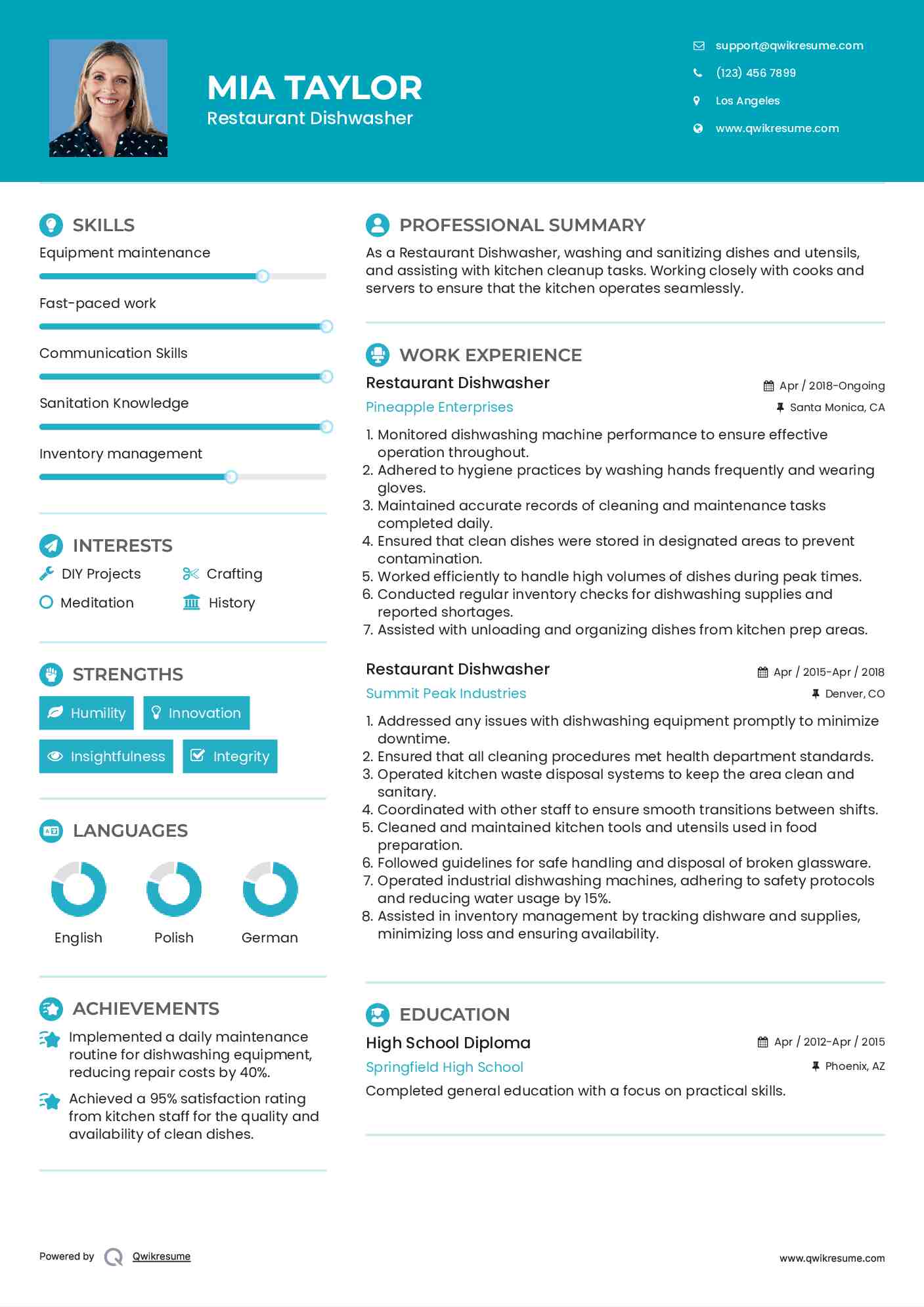 Restaurant Dishwasher Resume Sample