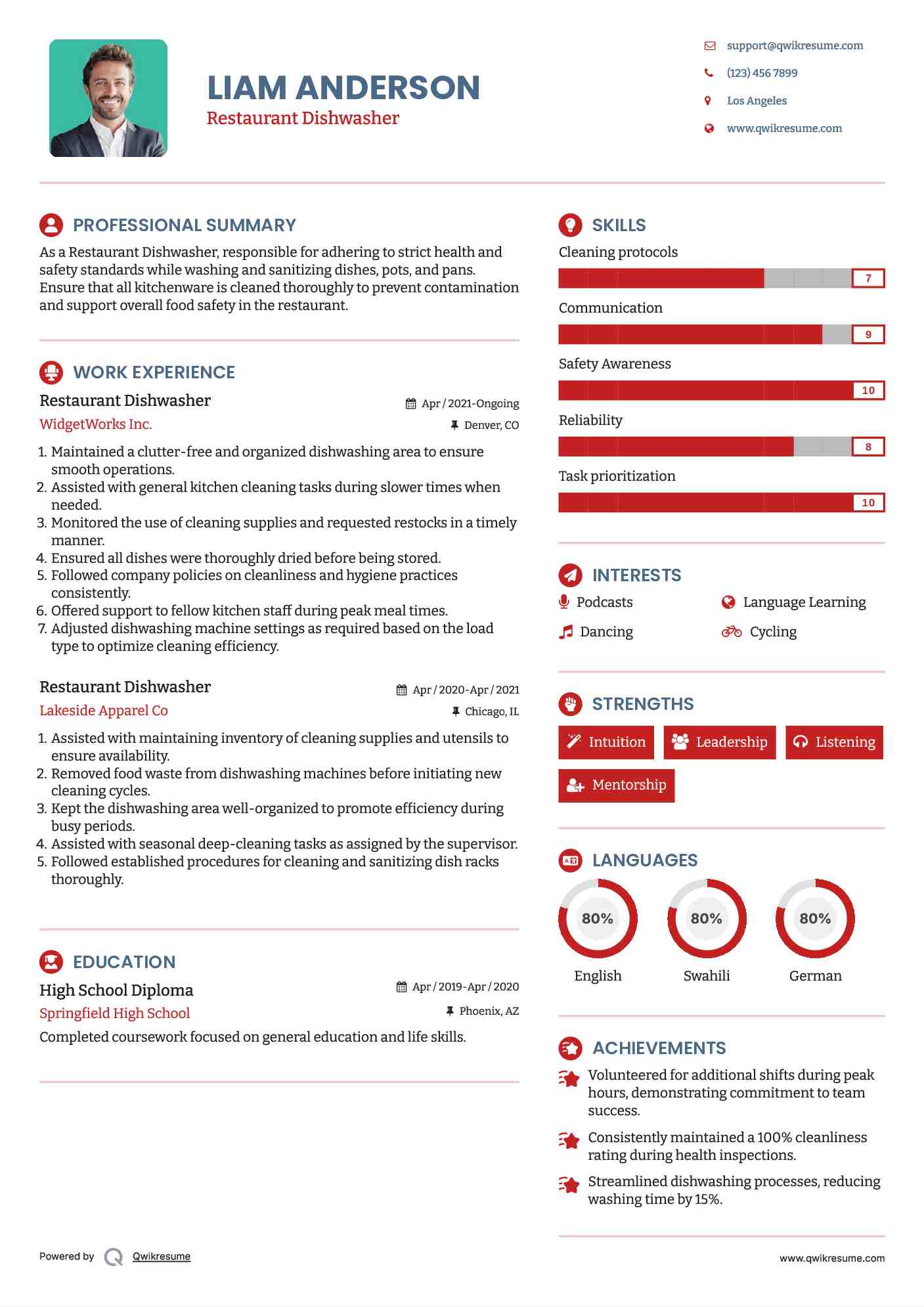 Restaurant Dishwasher Resume Sample