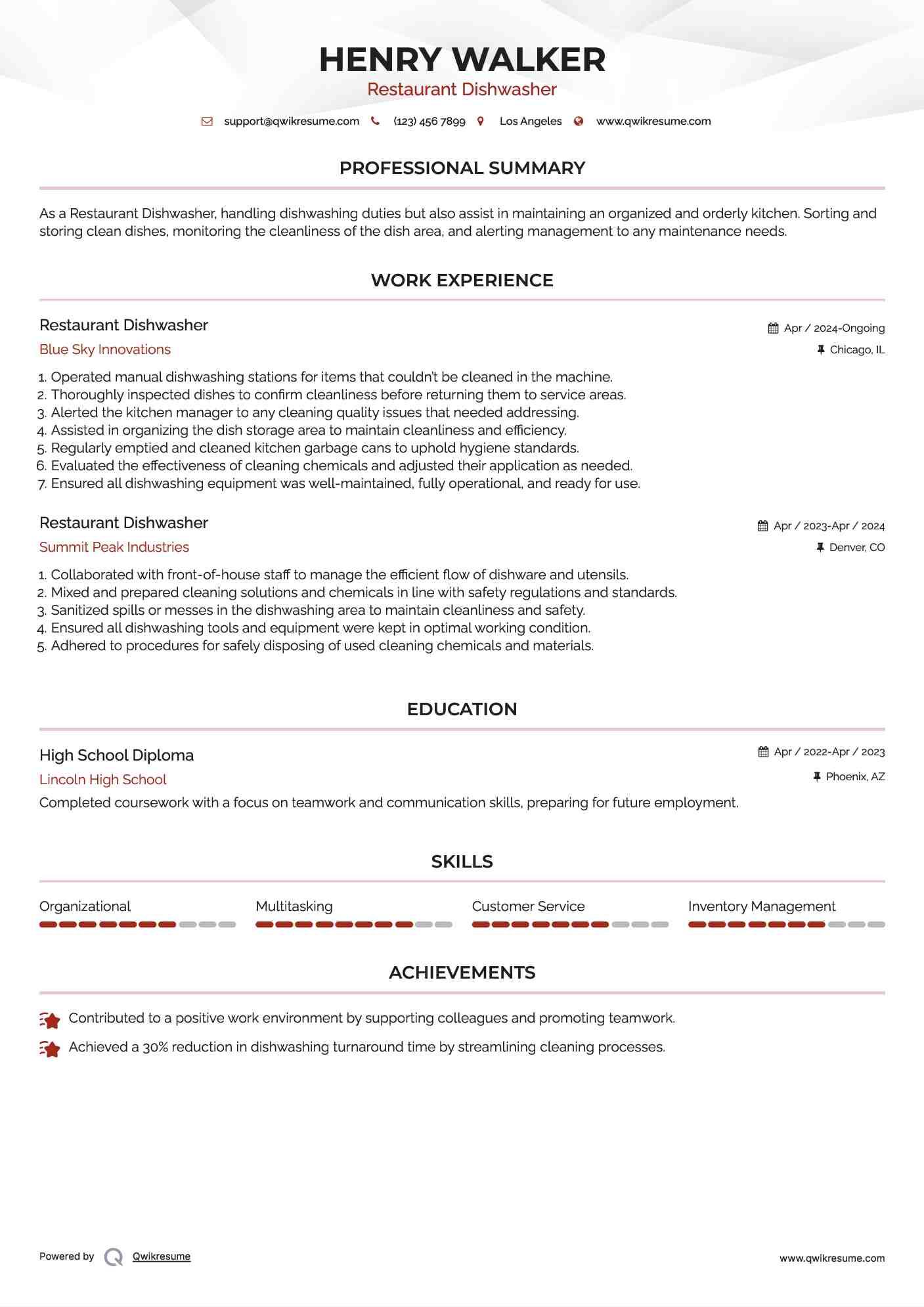 Restaurant Dishwasher Resume Example