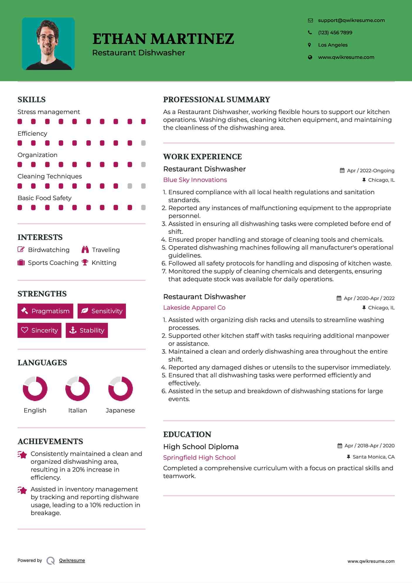 Restaurant Dishwasher Resume Example