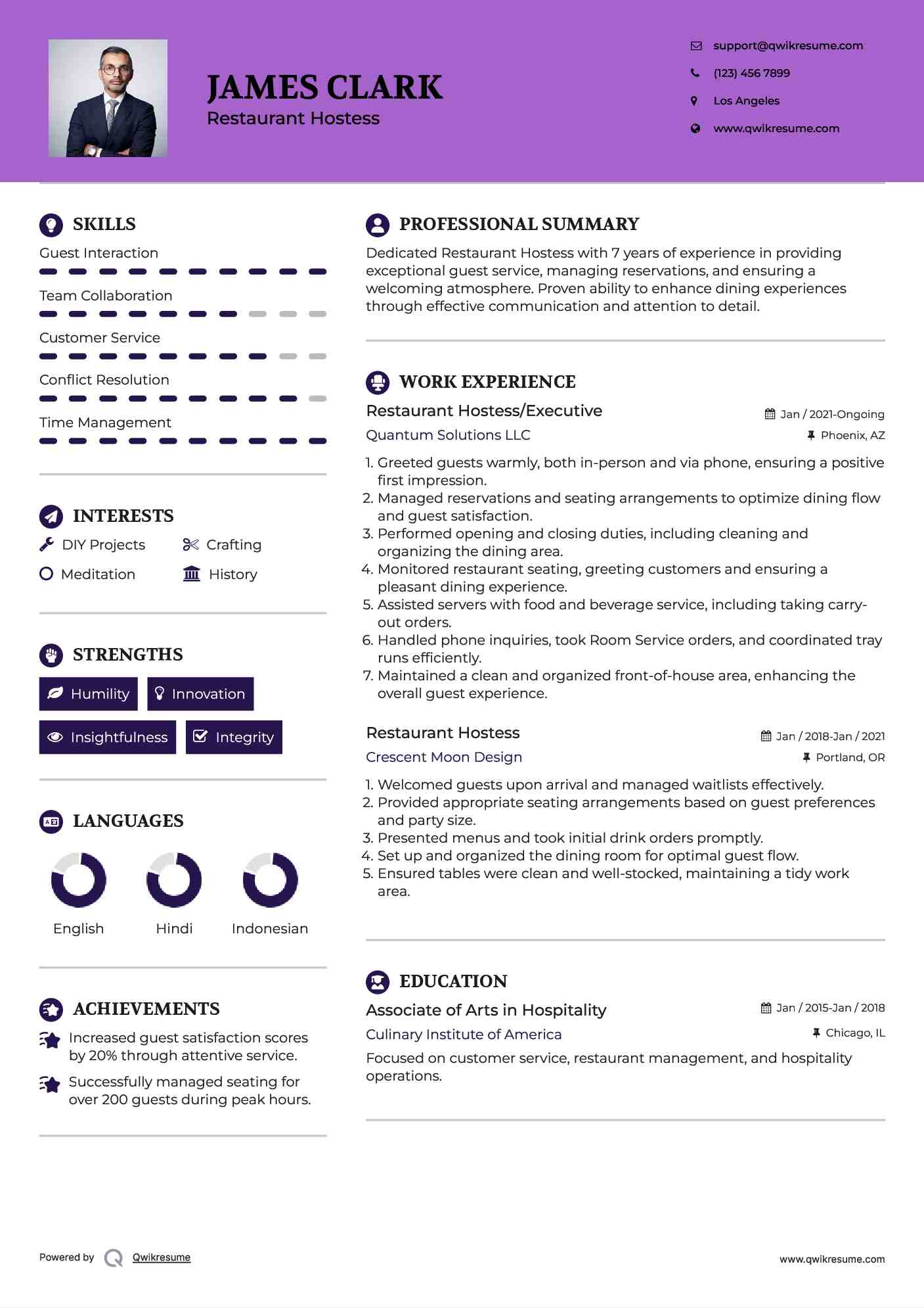 Restaurant Hostess/Executive Resume Example