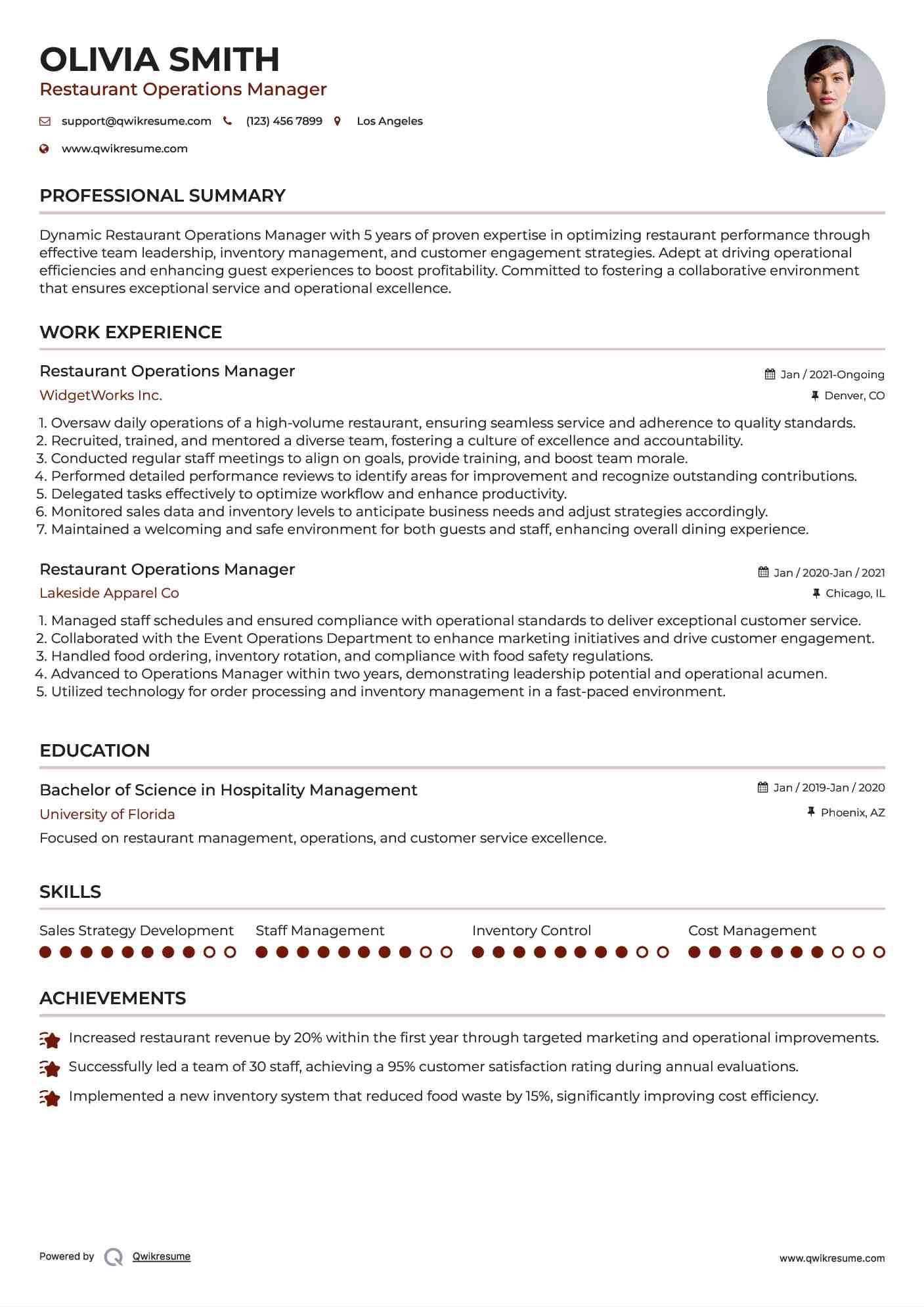 Restaurant Operations Manager Resume Format