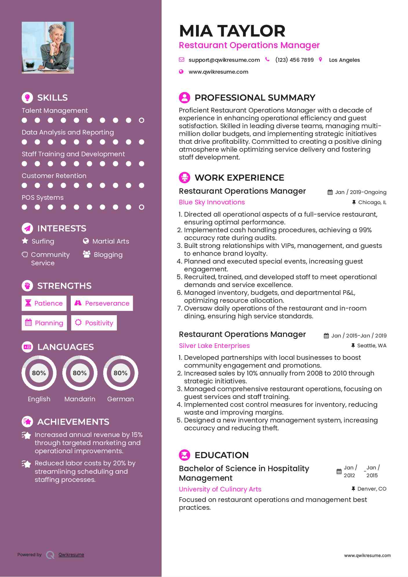 Restaurant Operations Manager Resume Sample