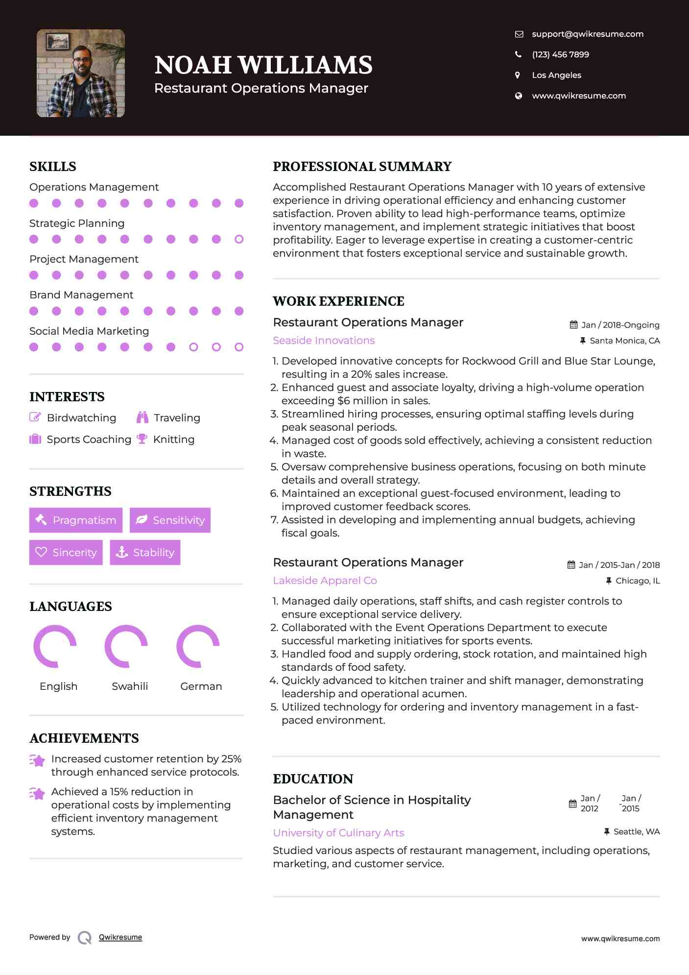 Restaurant Operations Manager Resume Format