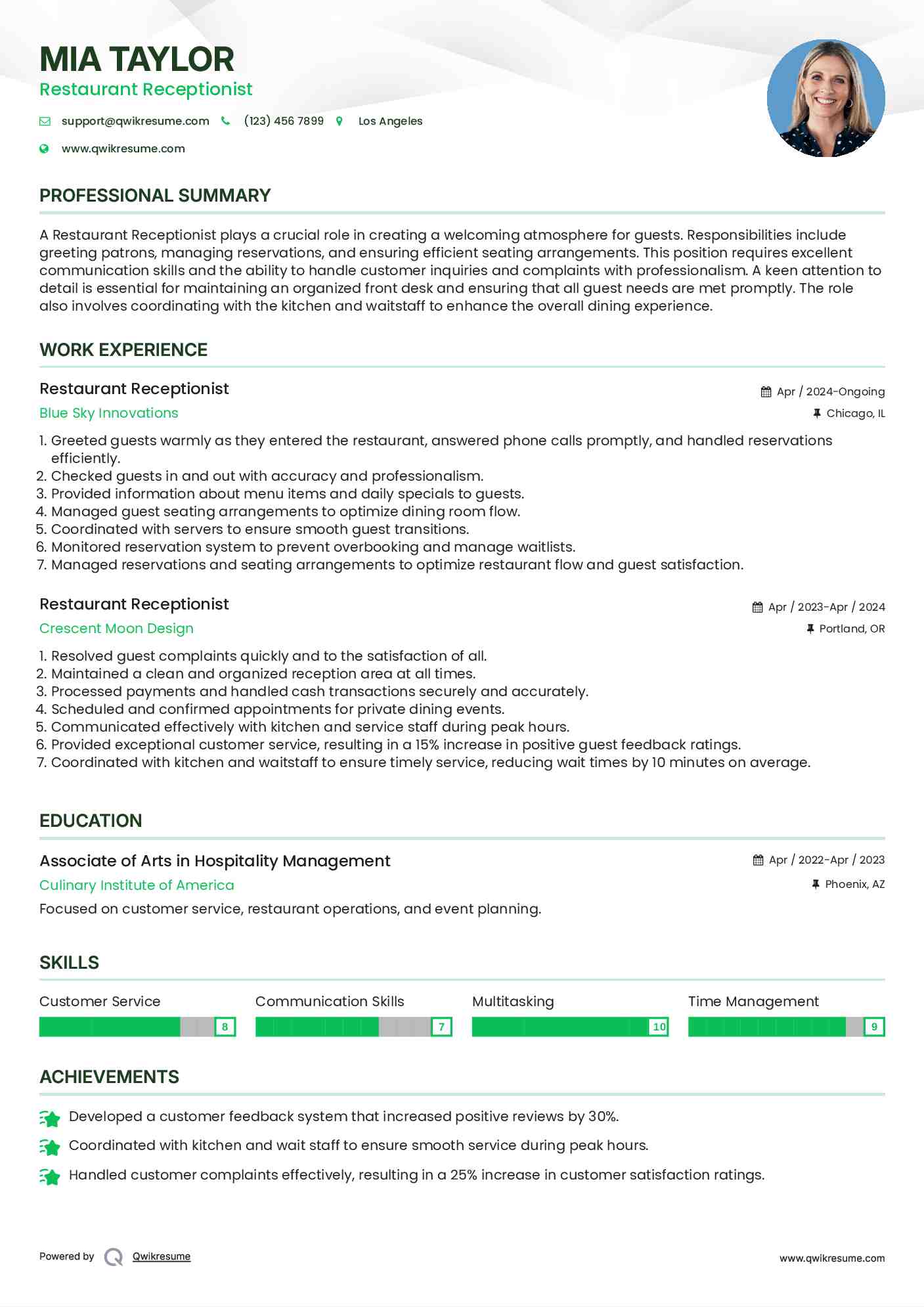 Restaurant Receptionist Resume Example