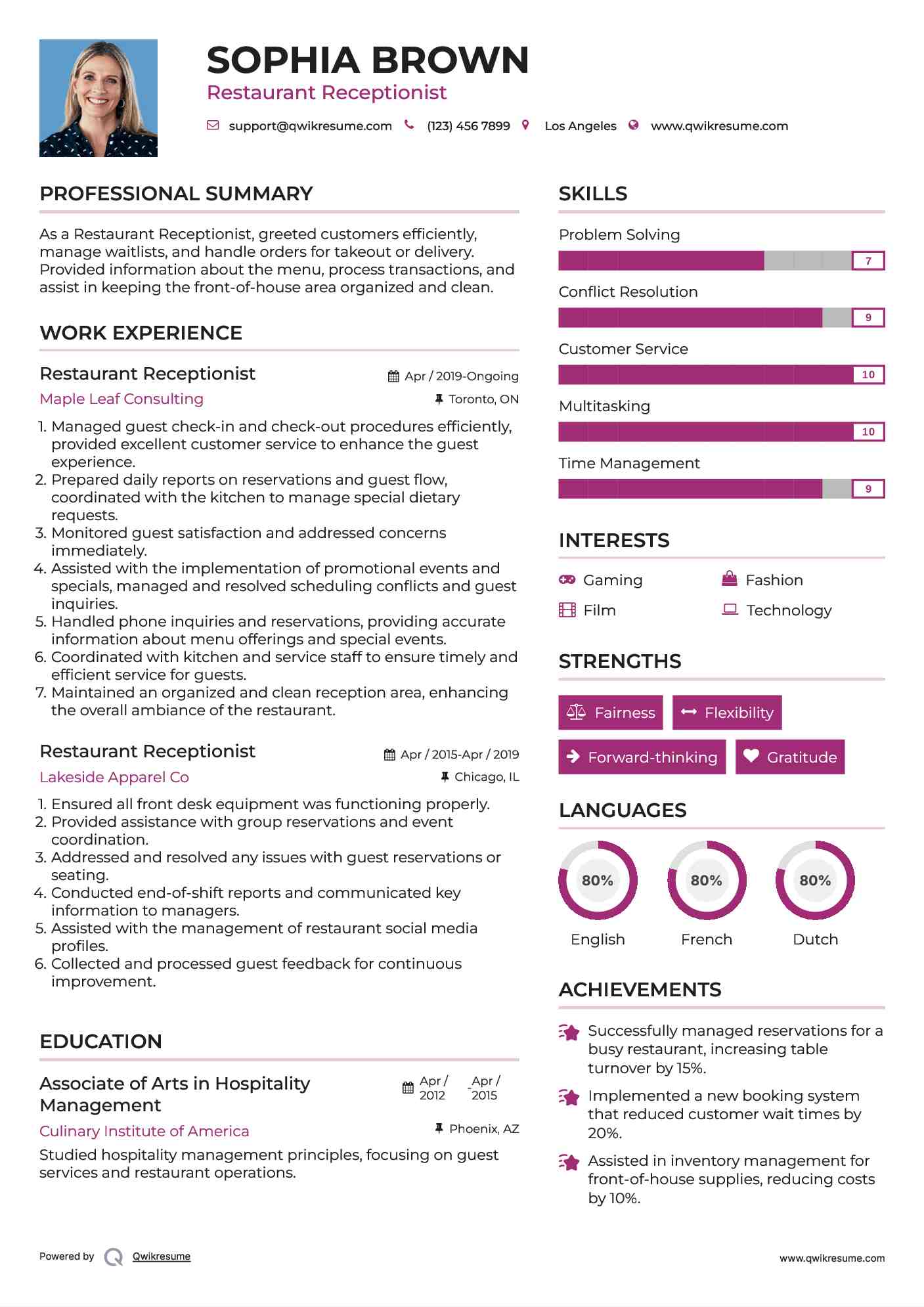 Restaurant Receptionist Resume Format