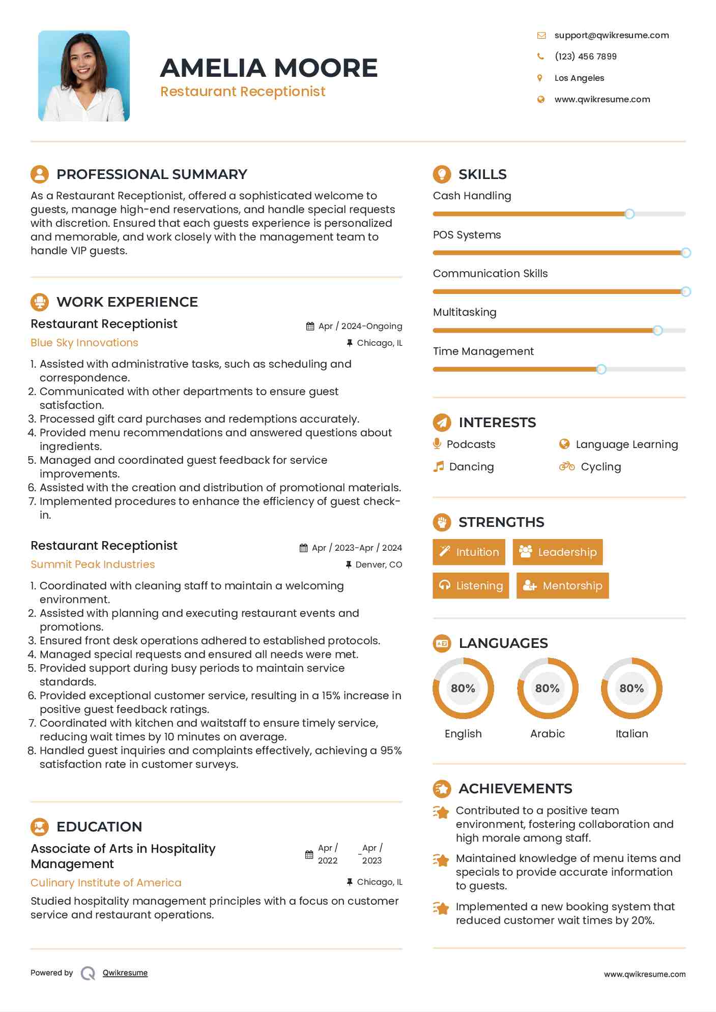 Restaurant Receptionist Resume Model