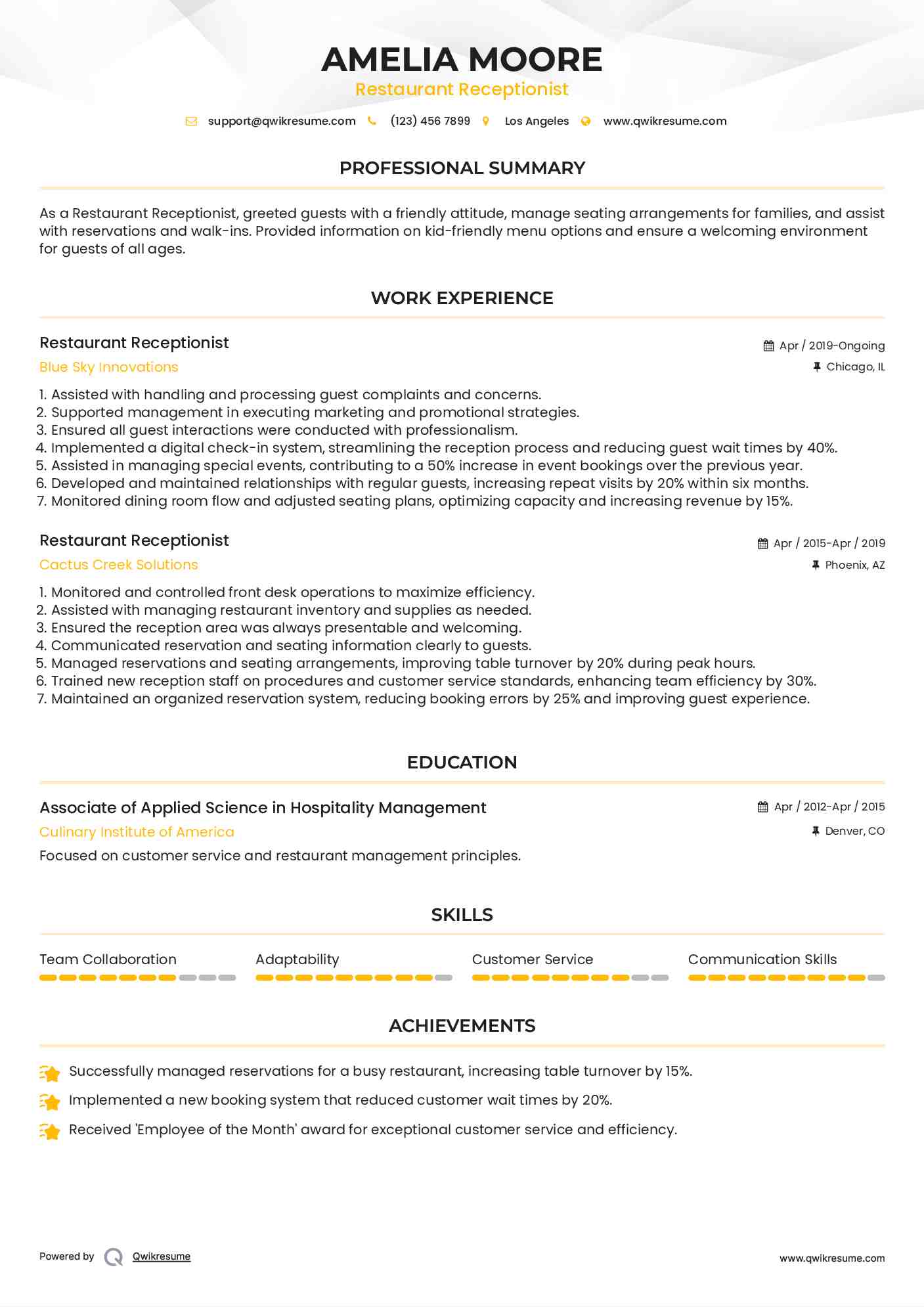 Restaurant Receptionist Resume Model
