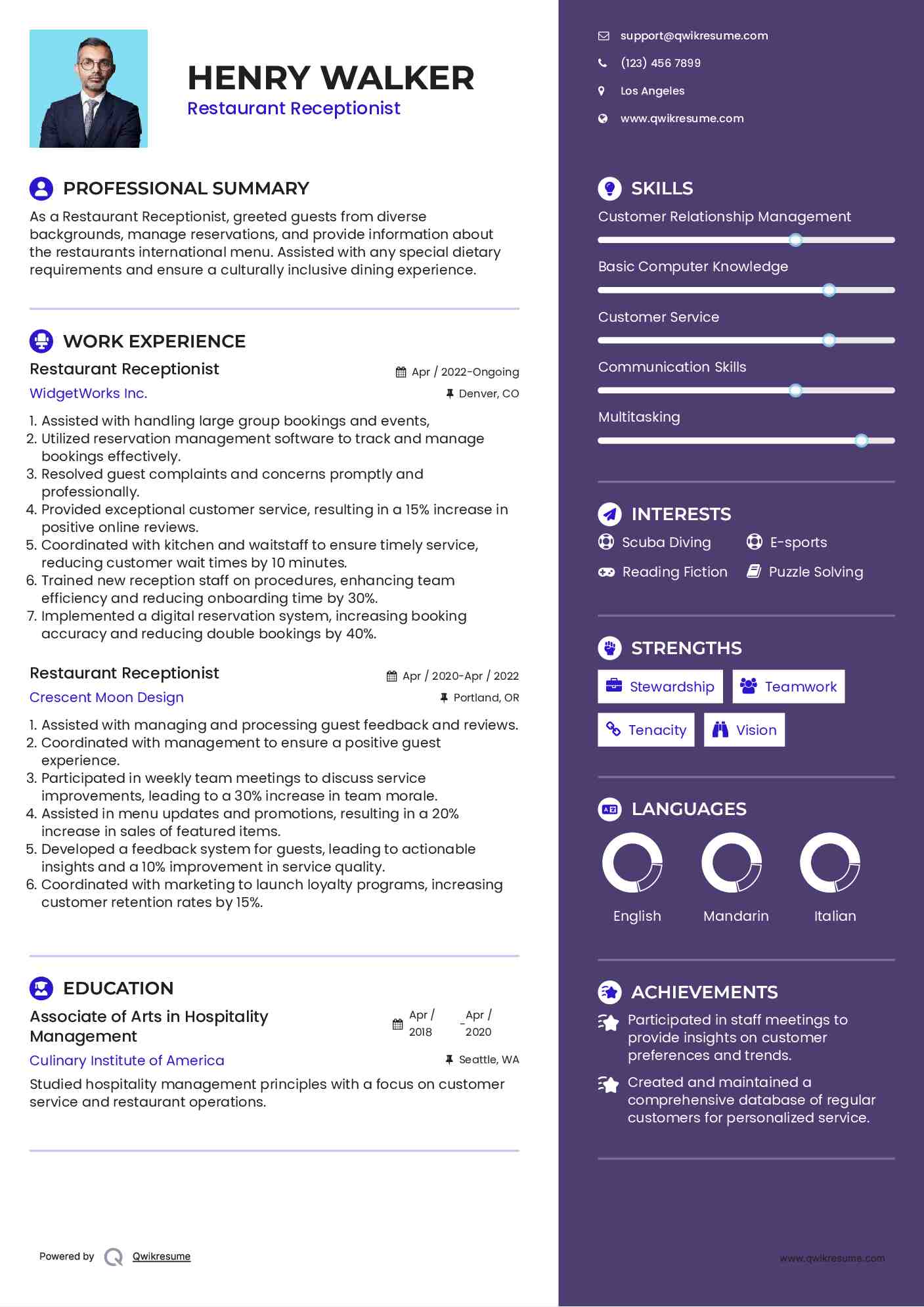 Restaurant Receptionist Resume Example