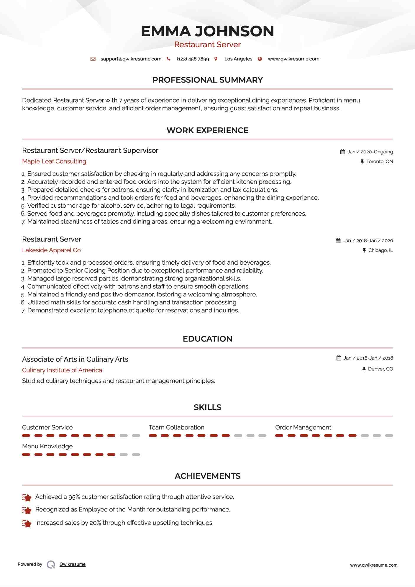 Restaurant Server/Restaurant Supervisor Resume Template
