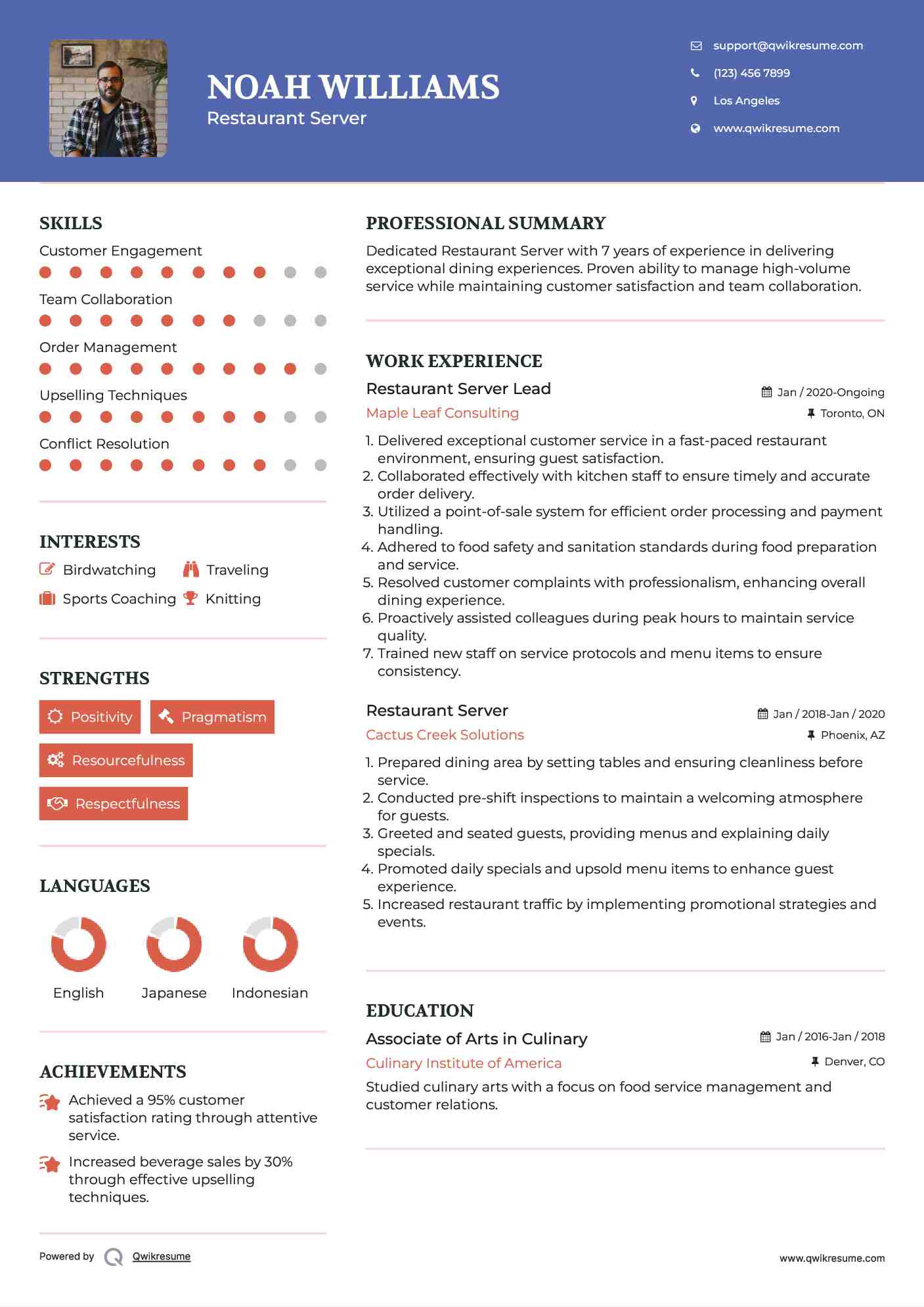 Restaurant Server Lead Resume Example