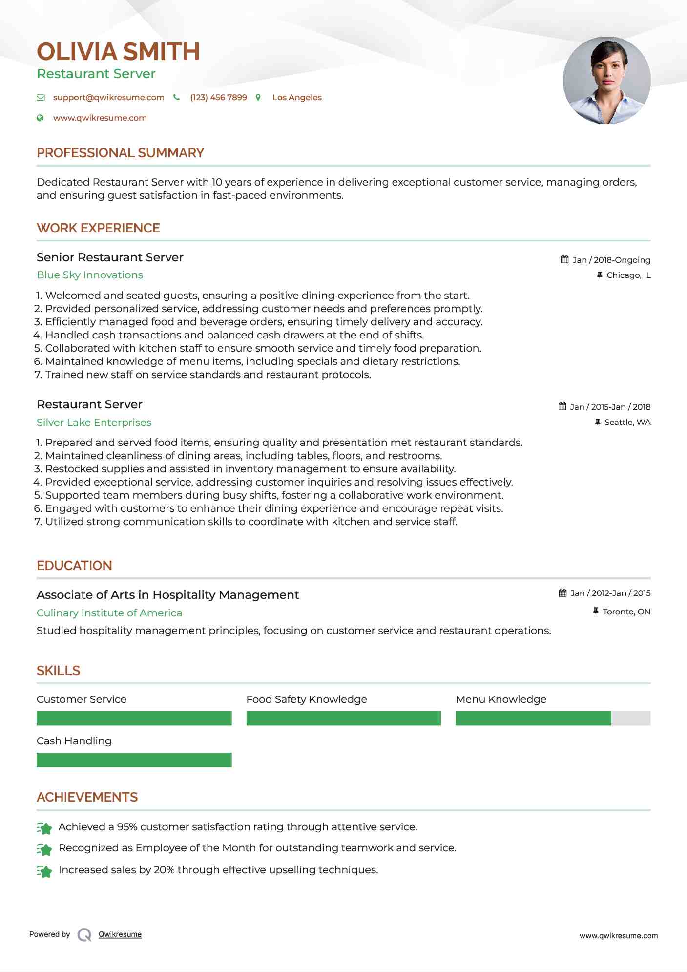 Senior Restaurant Server Resume Template