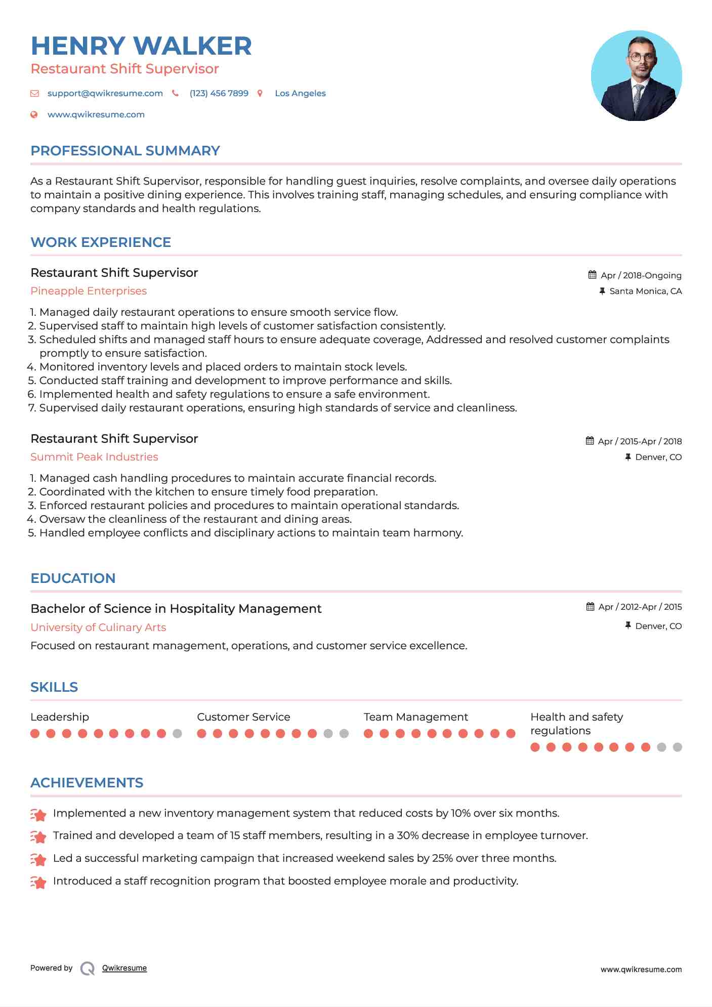 Restaurant Shift Supervisor Resume Sample