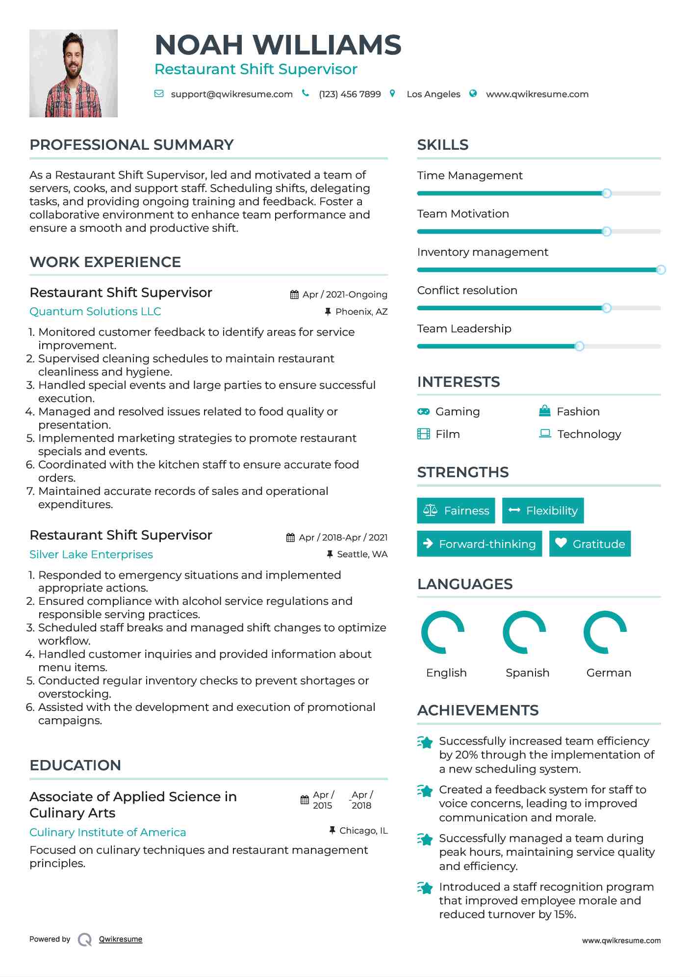 Restaurant Shift Supervisor Resume Format