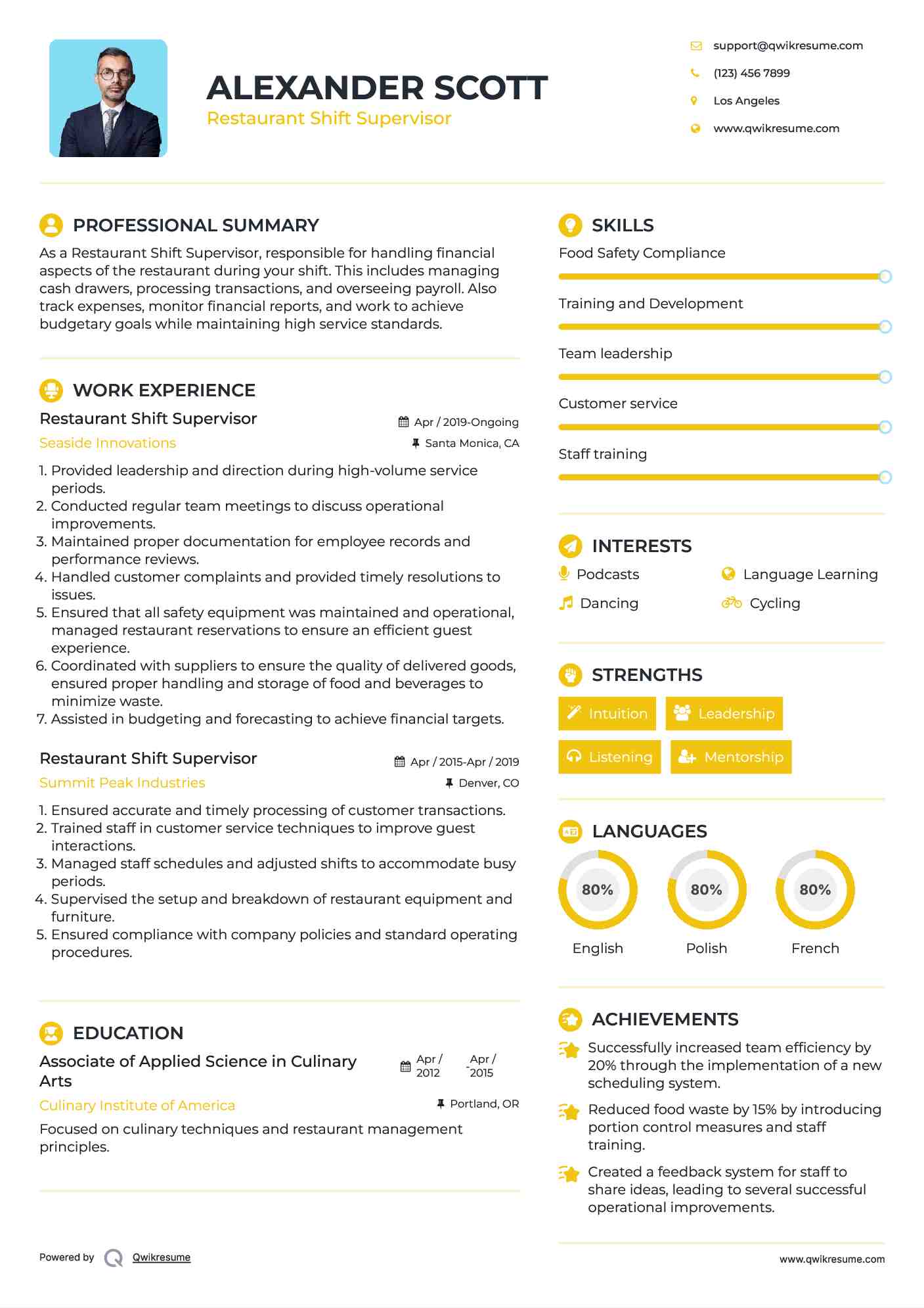 Restaurant Shift Supervisor Resume Sample