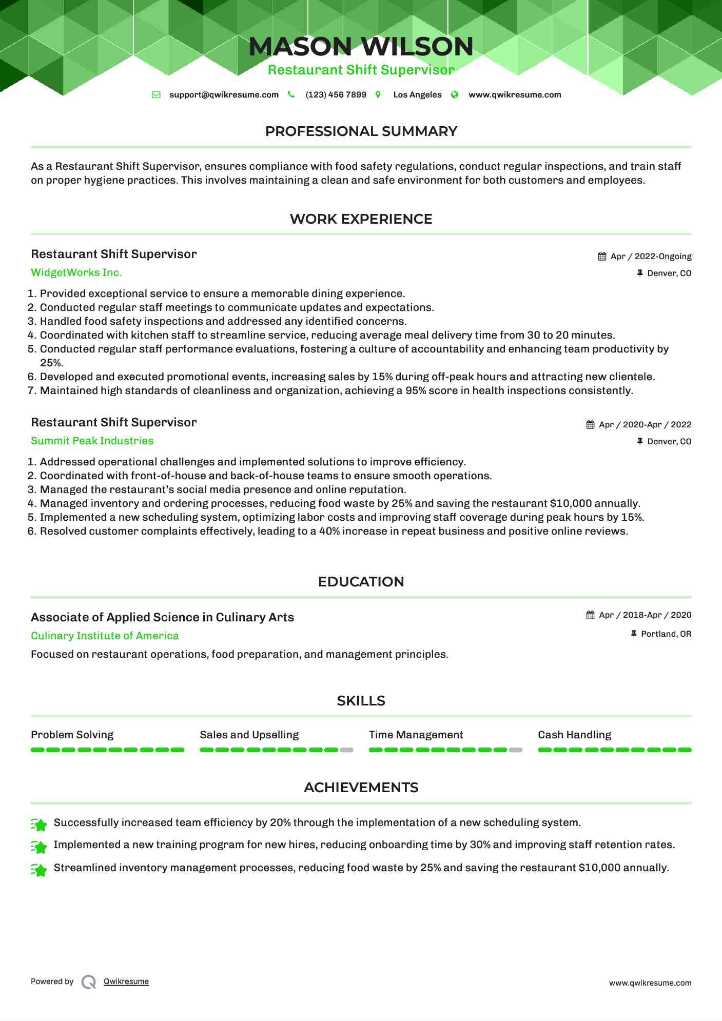 Restaurant Shift Supervisor Resume Sample