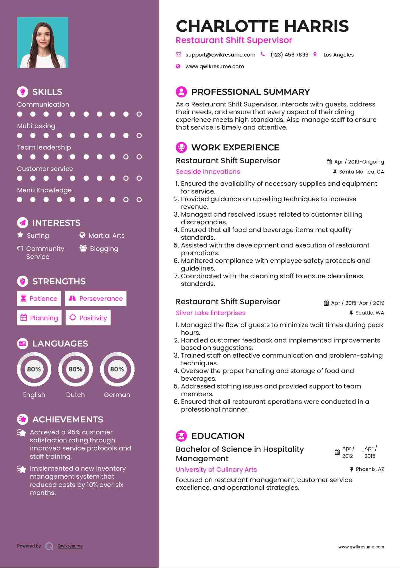 Restaurant Shift Supervisor Resume Format