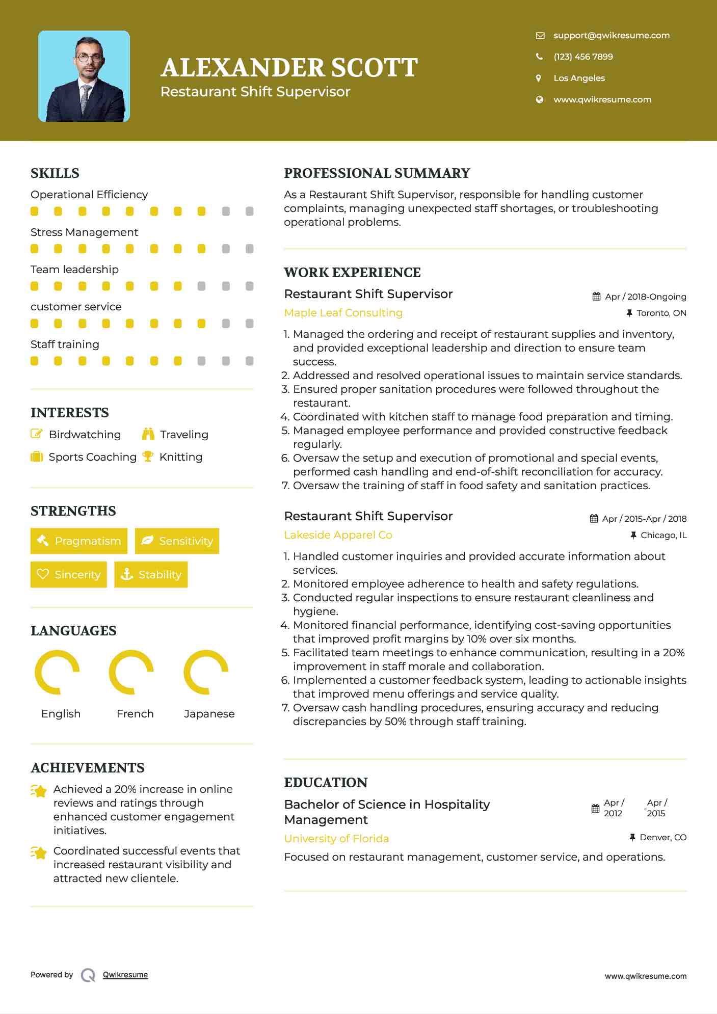 Restaurant Shift Supervisor Resume Example