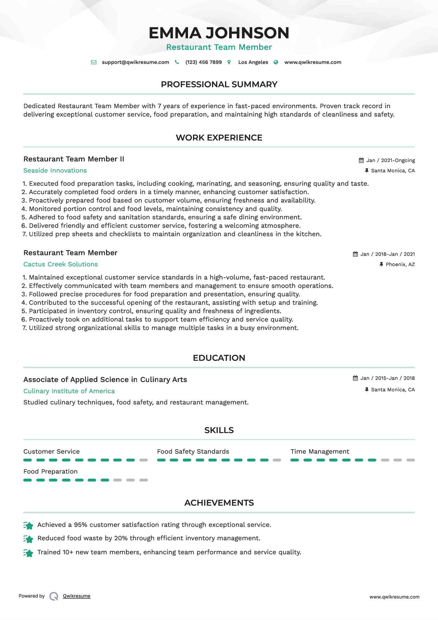 Restaurant Team Member II Resume Format