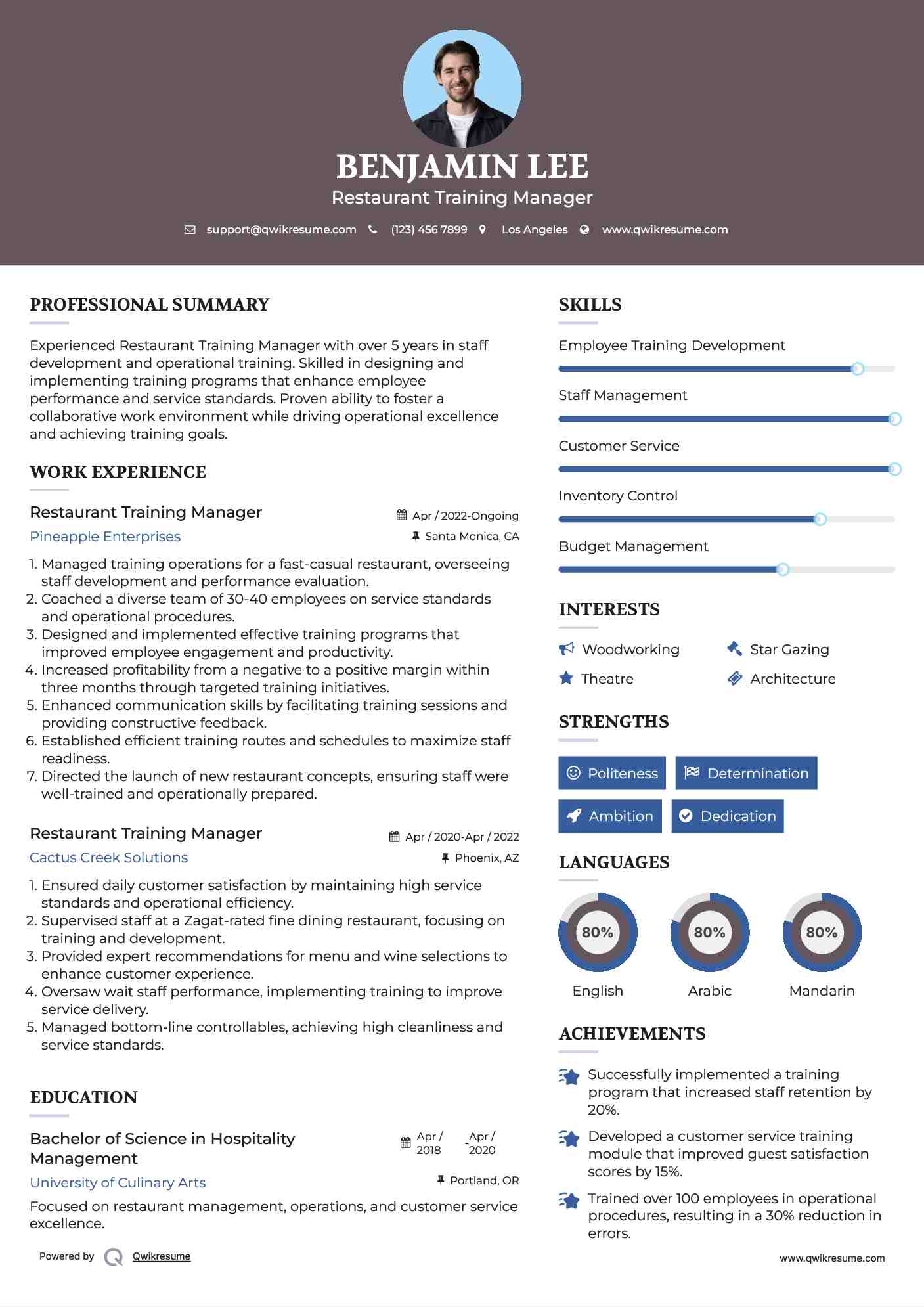 Restaurant Training Manager Resume Template