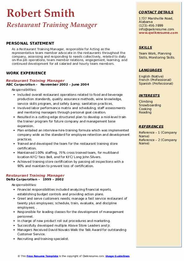 Restaurant Training Manager Resume - Restaurant Training Manager 1642151398 Pdf 