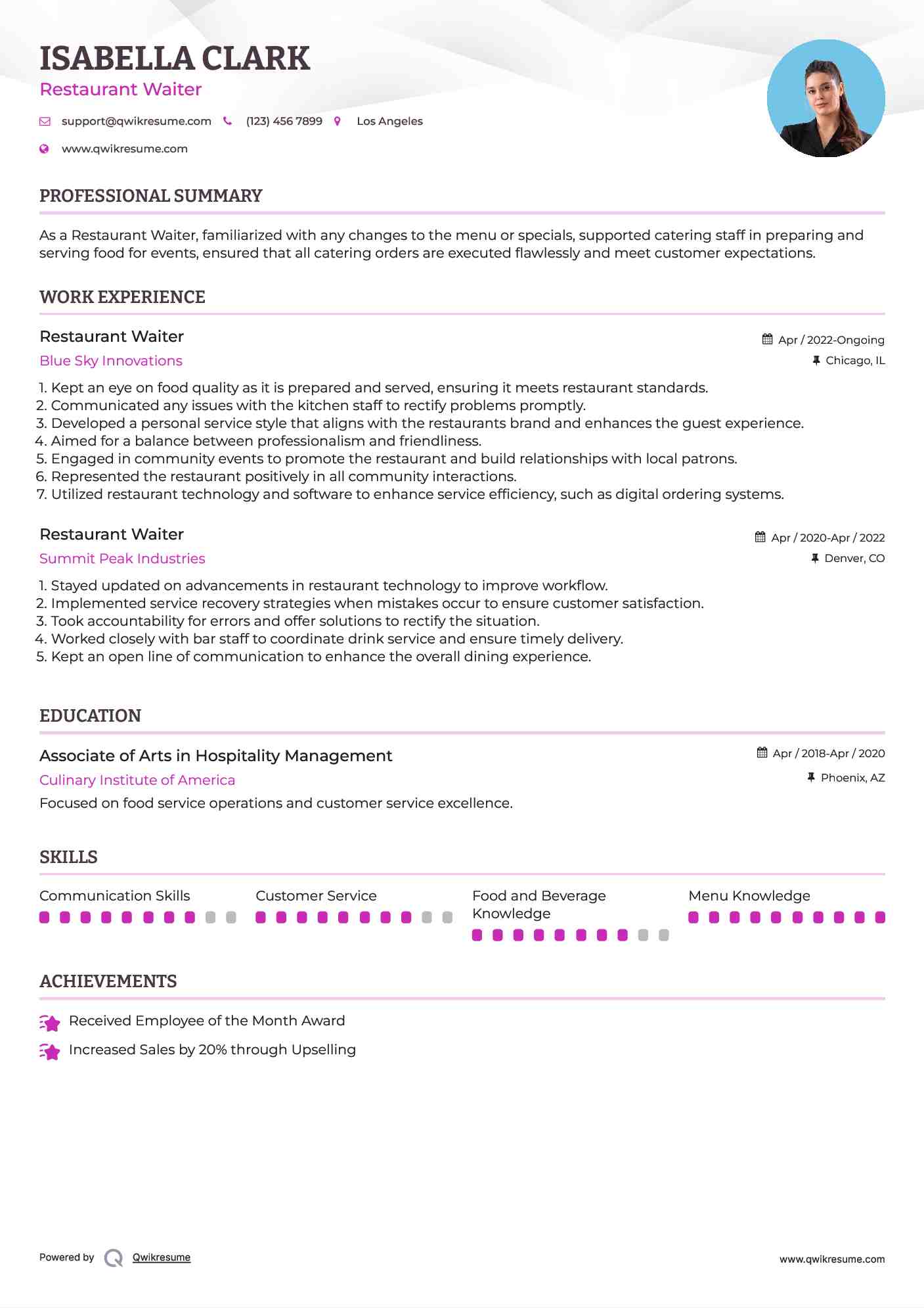 Restaurant Waiter Resume Template