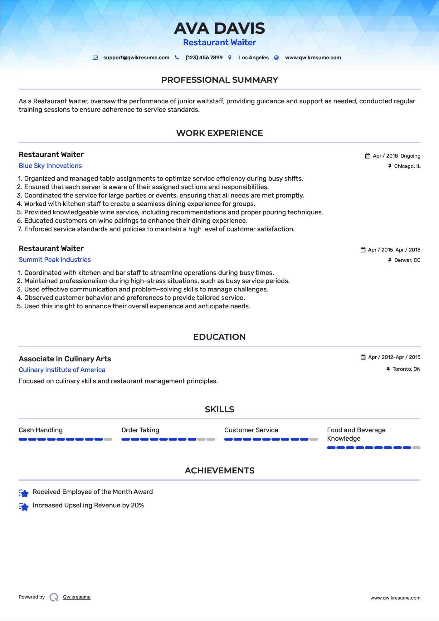 Restaurant Waiter Resume Example