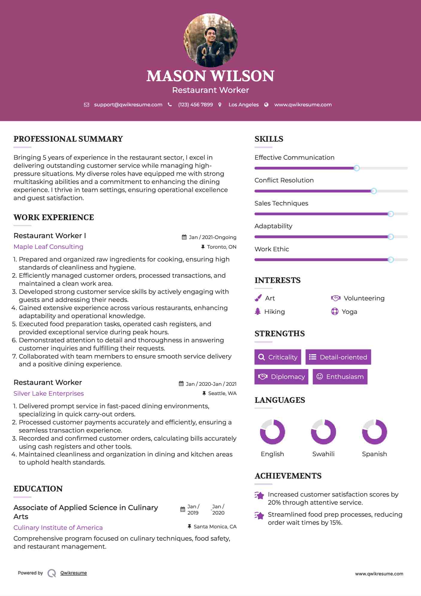 Restaurant Worker I Resume Example