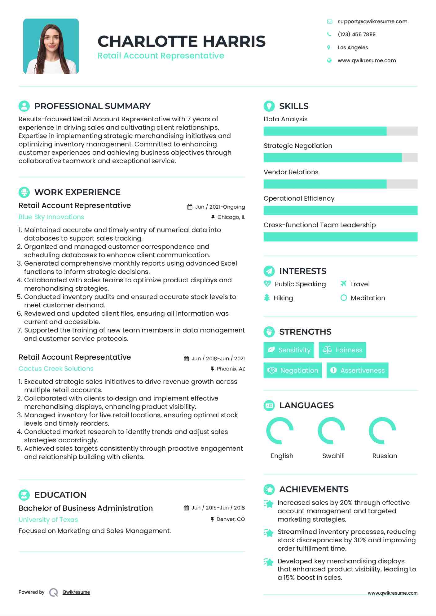 Retail Account Representative Resume Format