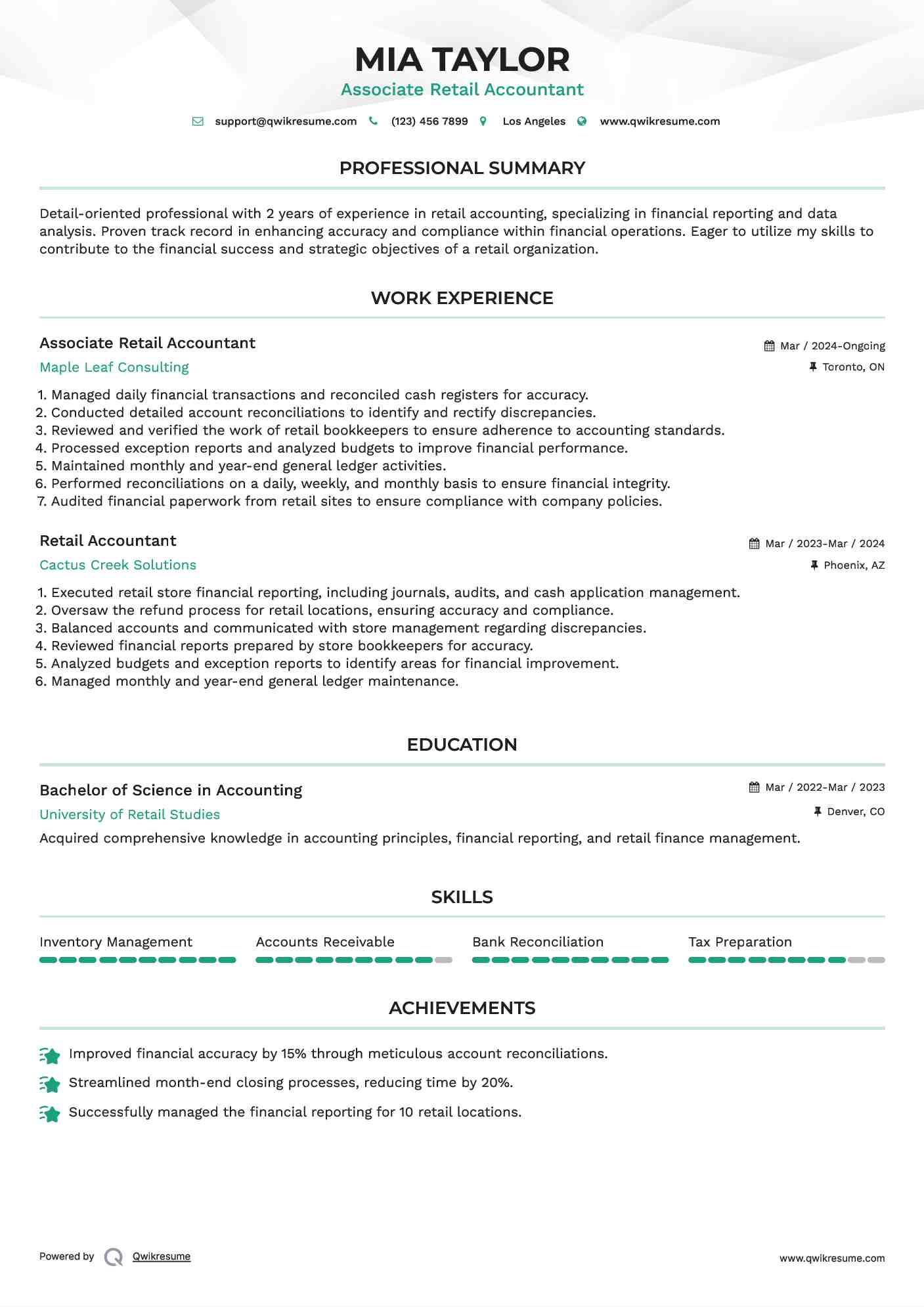 Associate Retail Accountant Resume Template
