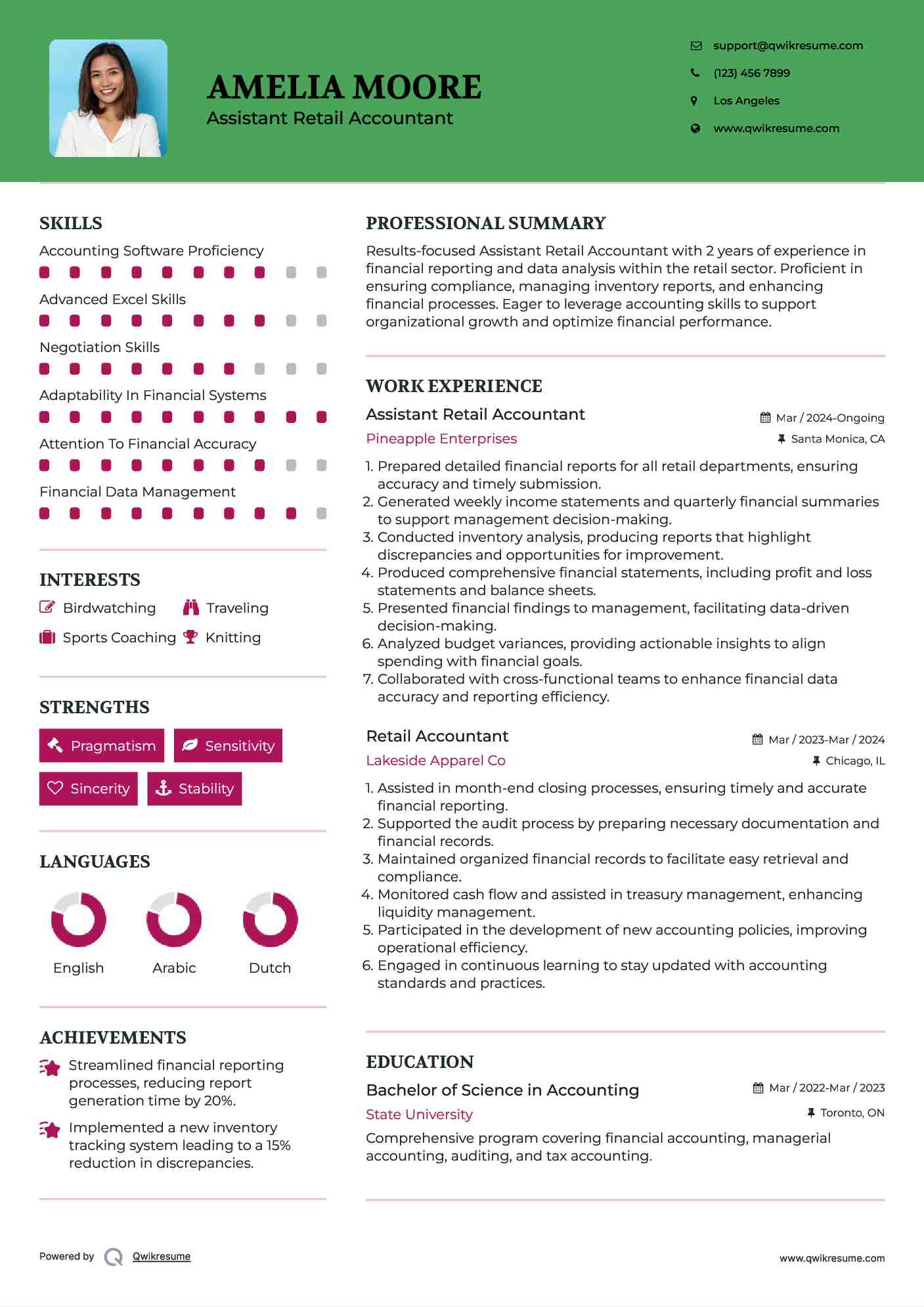 Assistant Retail Accountant Resume Sample