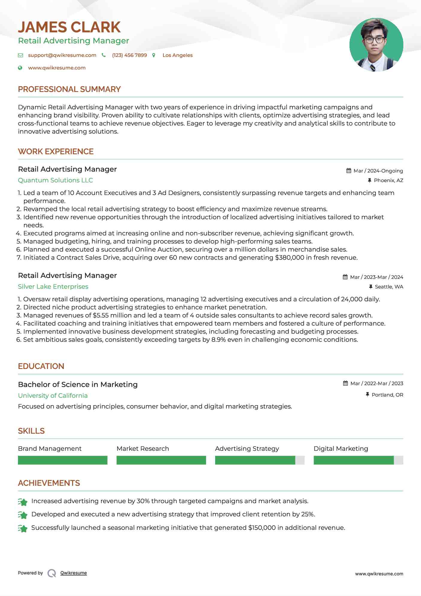 Retail Advertising Manager Resume Format