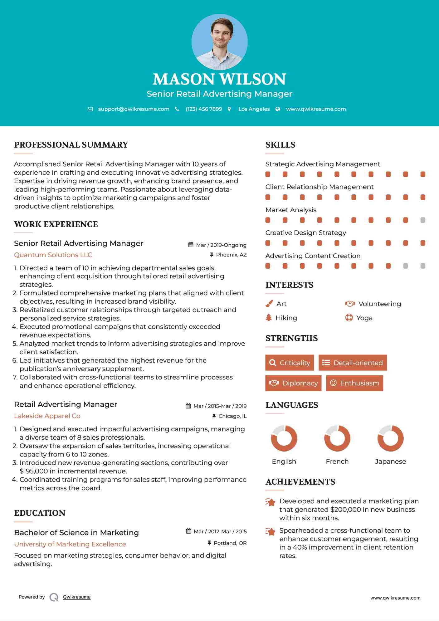 Senior Retail Advertising Manager Resume Example