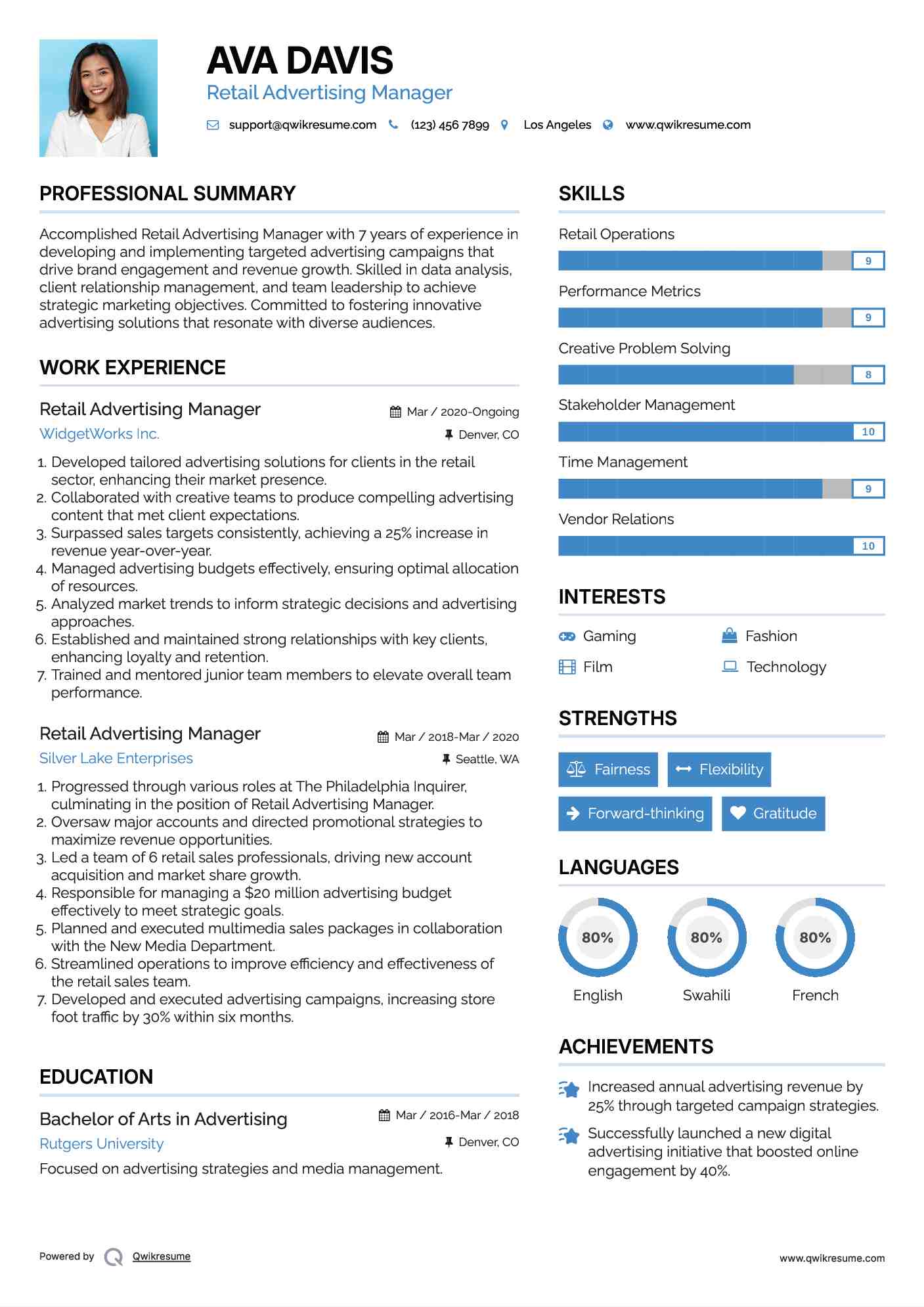 Retail Advertising Manager Resume Example