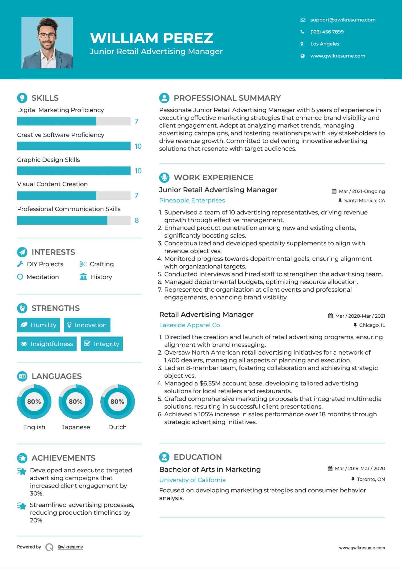 Junior Retail Advertising Manager Resume Sample