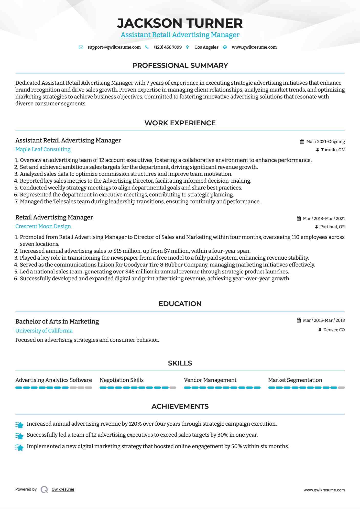 Assistant Retail Advertising Manager Resume Format