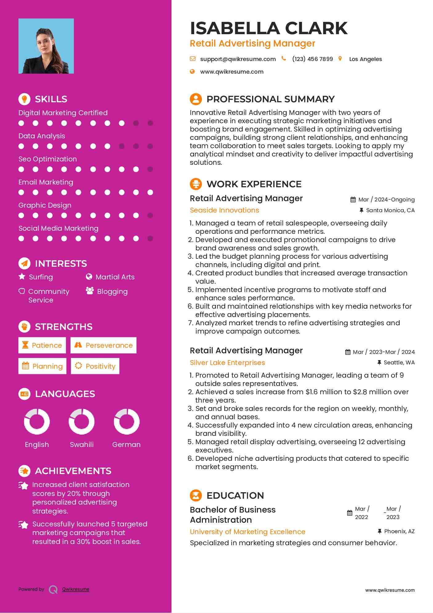 Retail Advertising Manager Resume Model