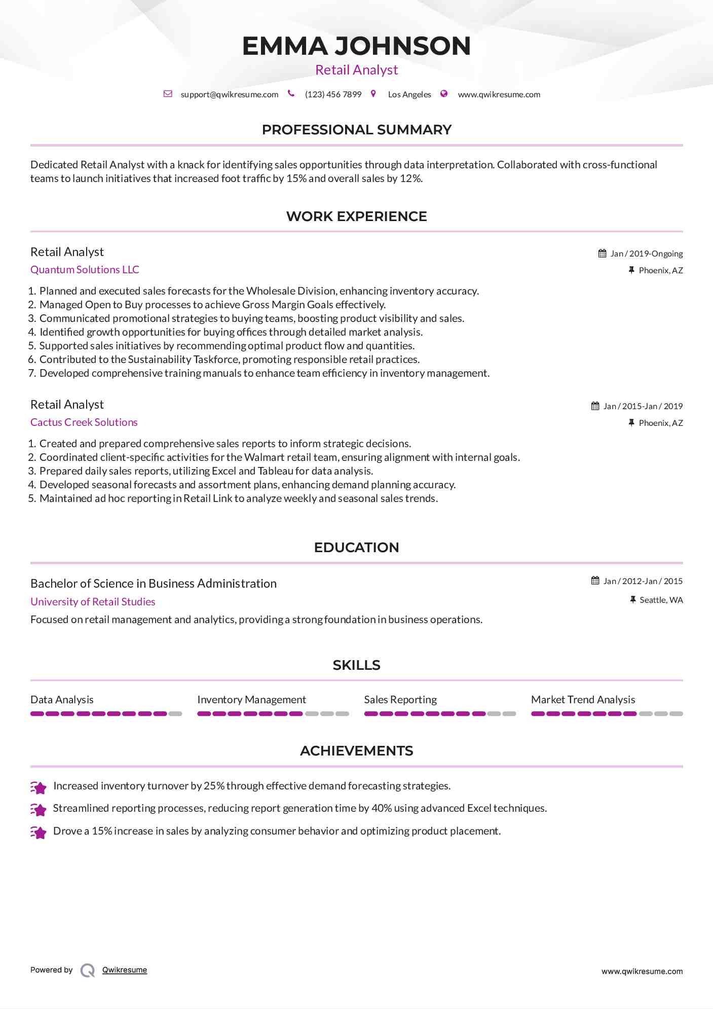 Retail Analyst Resume Format