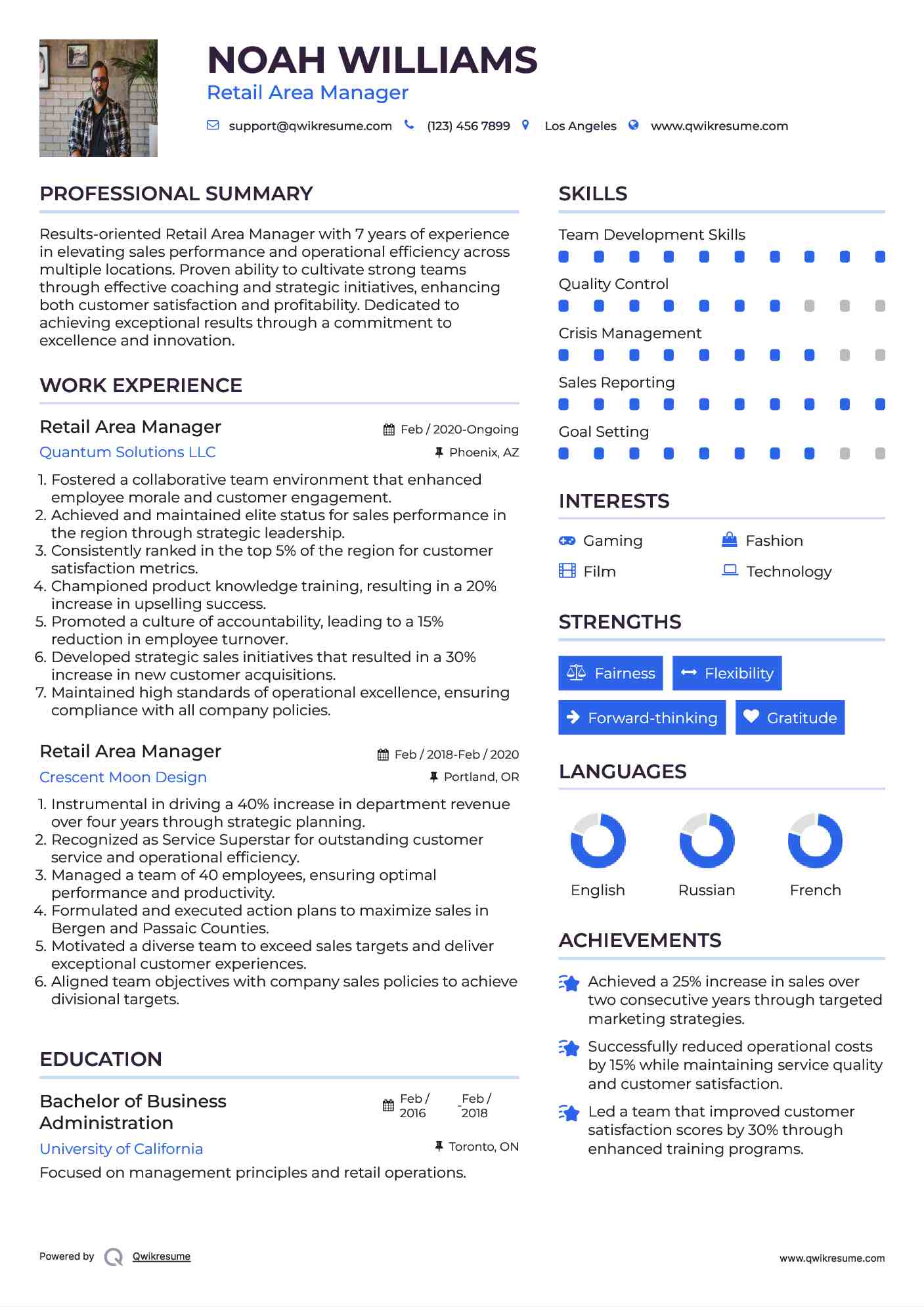 Retail Area Manager Resume Sample